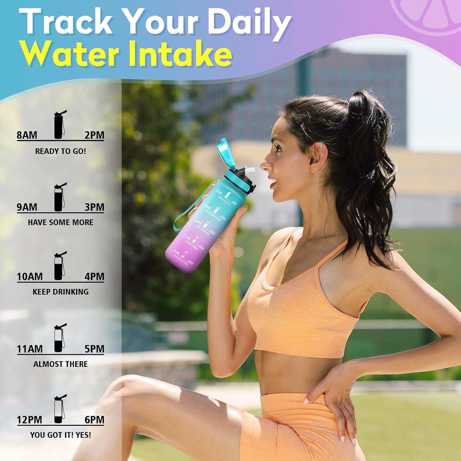 imageGourde 1L Gourde Sport Gourde avec Paille Rutilisable Rutilisable Bouteille deau avec Marqueur de Temps Water Bottle pour Adulte lcole Cyclisme Voyage Camping Fitness Yoga Bureau32oz1000ml Paille Vert Rose Clair