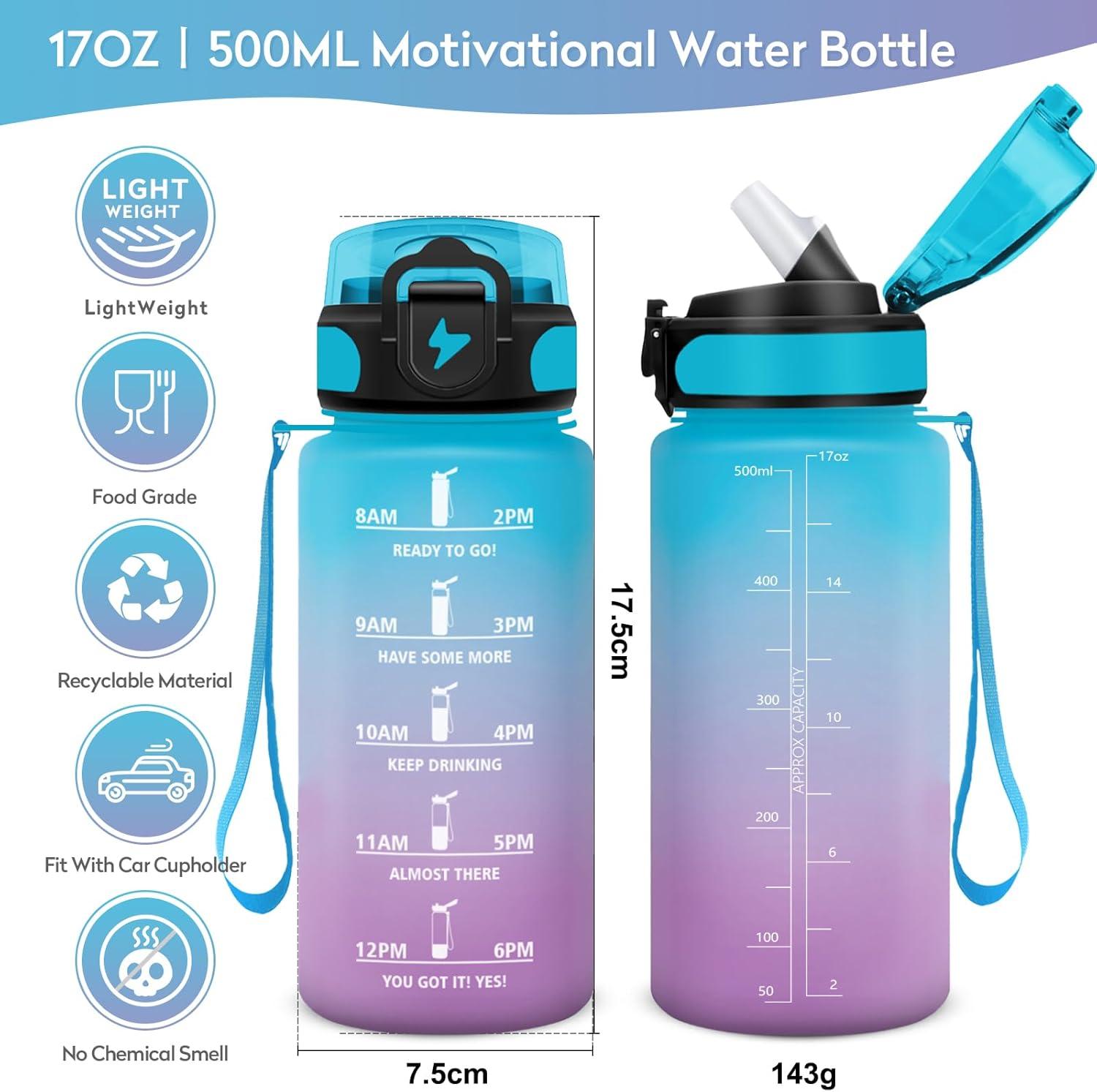 imageGourde 1L Gourde Sport Gourde avec Paille Rutilisable Rutilisable Bouteille deau avec Marqueur de Temps Water Bottle pour Adulte lcole Cyclisme Voyage Camping Fitness Yoga Bureau17oz500ml Paille Bleu Lilas