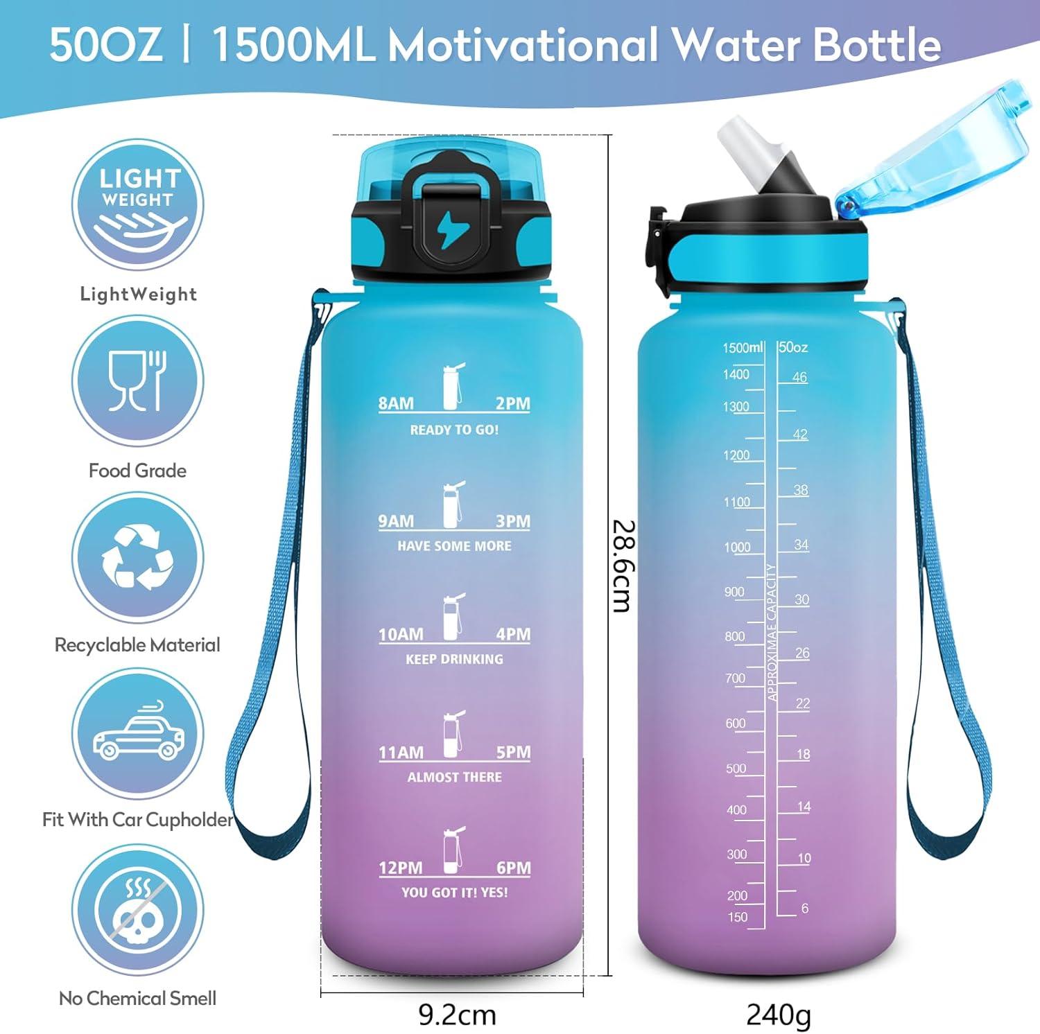 imageGourde 1L Gourde Sport Gourde avec Paille Rutilisable Rutilisable Bouteille deau avec Marqueur de Temps Water Bottle pour Adulte lcole Cyclisme Voyage Camping Fitness Yoga Bureau50oz1500ml Paille Bleu Lilas