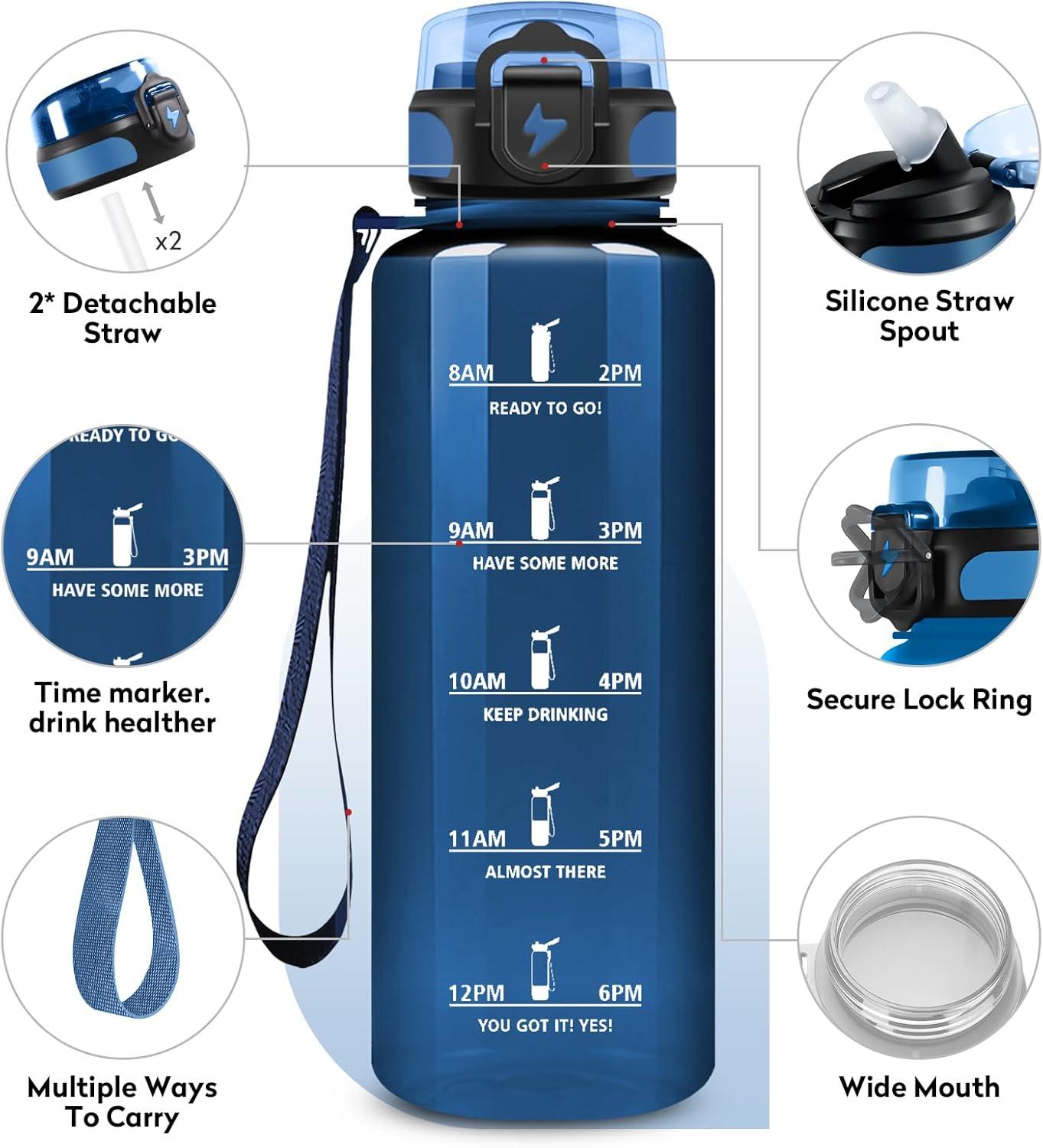imageGourde 1L Gourde Sport Gourde avec Paille Rutilisable Rutilisable Bouteille deau avec Marqueur de Temps Water Bottle pour Adulte lcole Cyclisme Voyage Camping Fitness Yoga Bureau50oz1500ml Paille Transparent Bleu Fonc