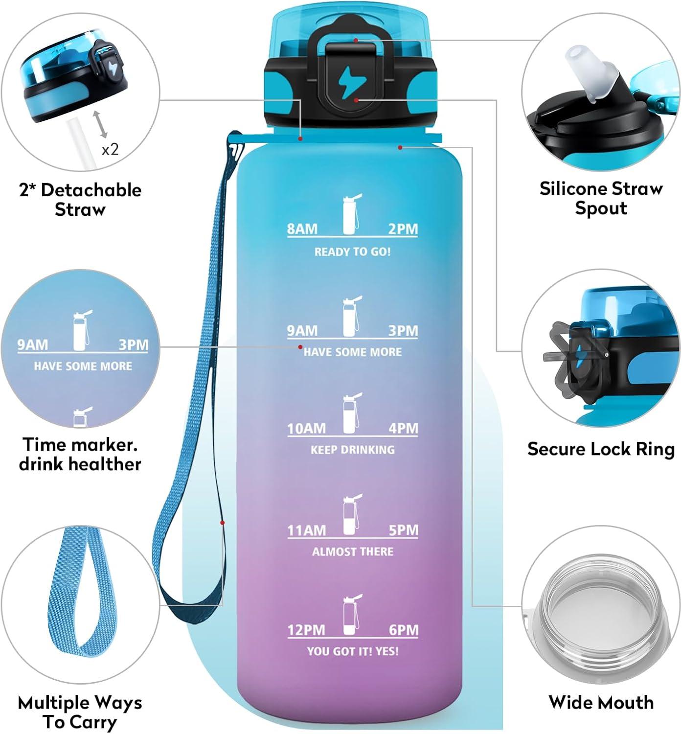 imageGourde 1L Gourde Sport Gourde avec Paille Rutilisable Rutilisable Bouteille deau avec Marqueur de Temps Water Bottle pour Adulte lcole Cyclisme Voyage Camping Fitness Yoga Bureau50oz1500ml Paille Bleu Lilas