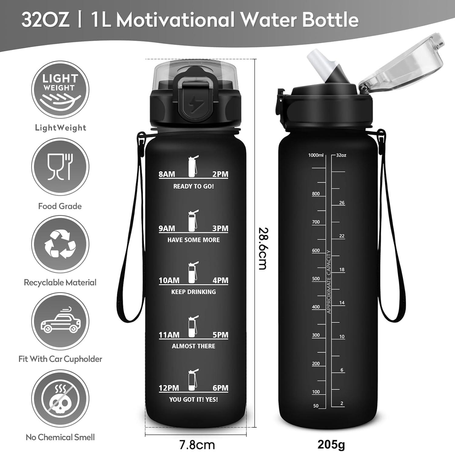 imageGourde 1L Gourde Sport Gourde avec Paille Rutilisable Rutilisable Bouteille deau avec Marqueur de Temps Water Bottle pour Adulte lcole Cyclisme Voyage Camping Fitness Yoga Bureau32oz1000ml Paille Mat Noir