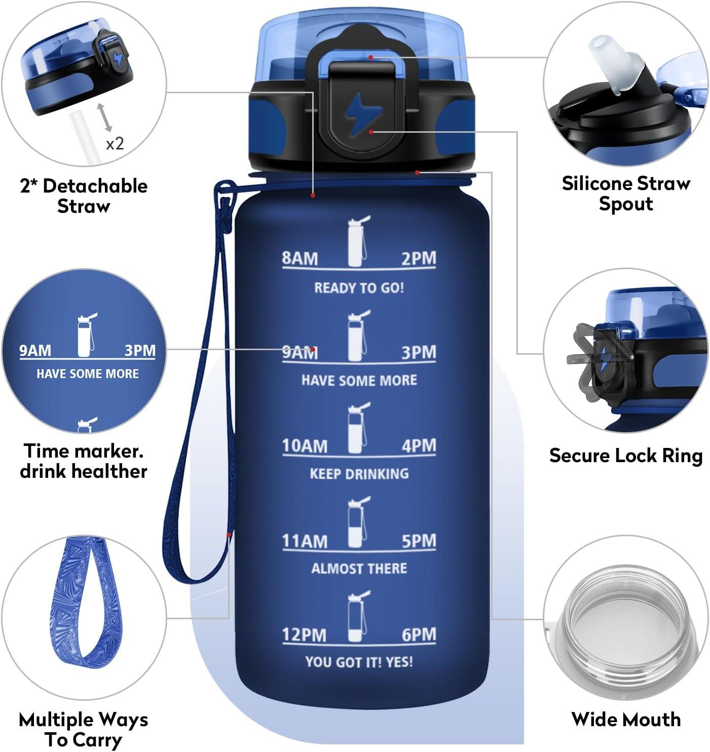 imageGourde 1L Gourde Sport Gourde avec Paille Rutilisable Rutilisable Bouteille deau avec Marqueur de Temps Water Bottle pour Adulte lcole Cyclisme Voyage Camping Fitness Yoga Bureau17oz500ml Paille Mat Marine Bleu