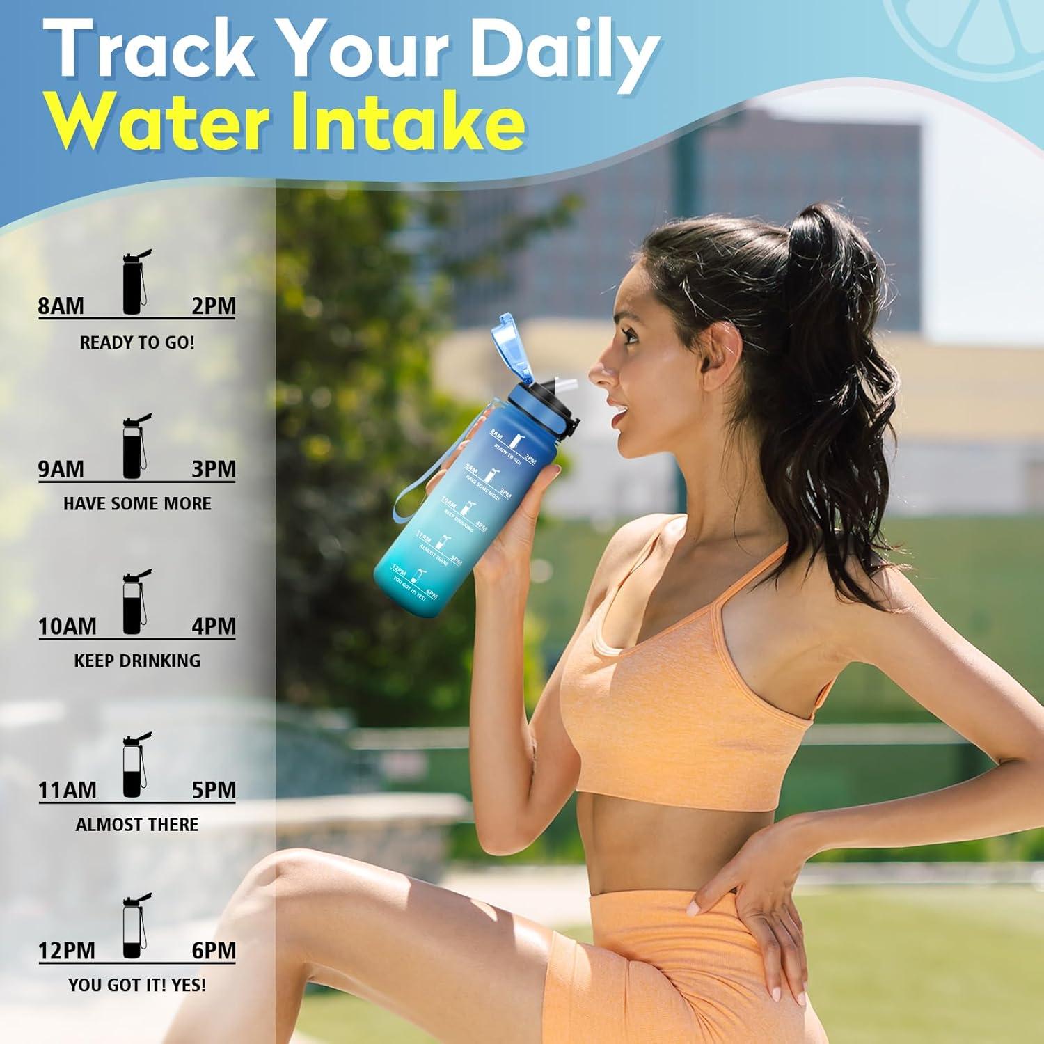 imageGourde 1L Gourde Sport Gourde avec Paille Rutilisable Rutilisable Bouteille deau avec Marqueur de Temps Water Bottle pour Adulte lcole Cyclisme Voyage Camping Fitness Yoga Bureau32oz1000ml Paille Bleu Vert
