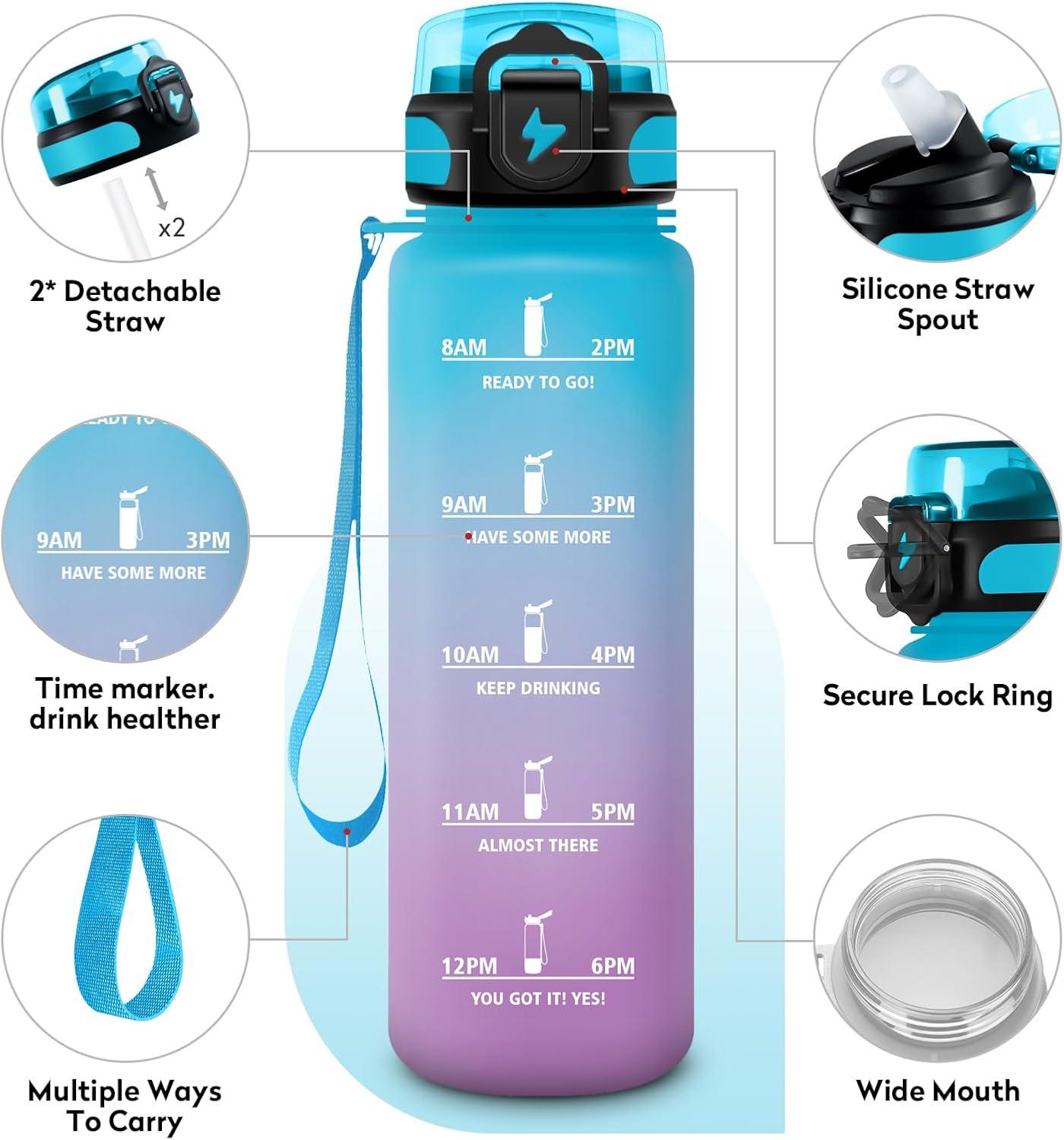 imageGourde 1L Gourde Sport Gourde avec Paille Rutilisable Rutilisable Bouteille deau avec Marqueur de Temps Water Bottle pour Adulte lcole Cyclisme Voyage Camping Fitness Yoga Bureau32oz1000ml Paille Bleu Lilas