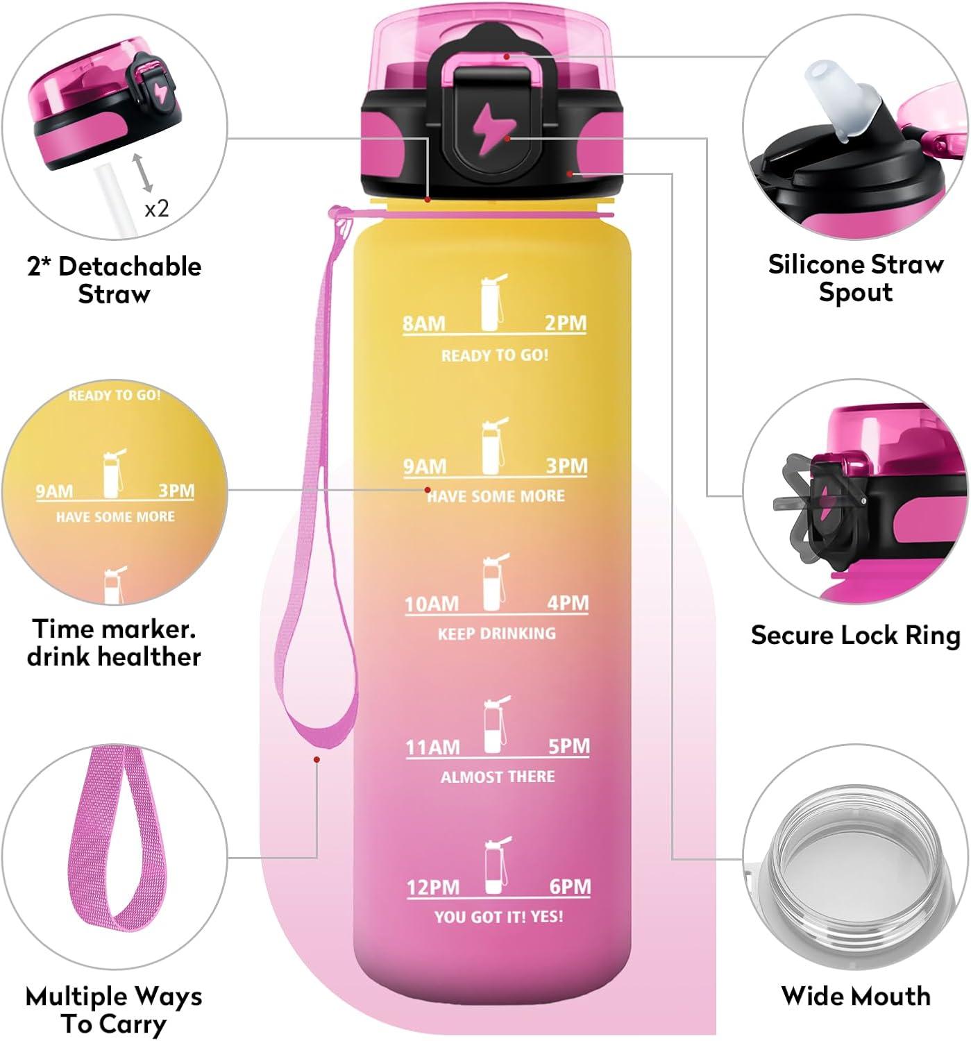 imageGourde 1L Gourde Sport Gourde avec Paille Rutilisable Rutilisable Bouteille deau avec Marqueur de Temps Water Bottle pour Adulte lcole Cyclisme Voyage Camping Fitness Yoga Bureau32oz1000ml Paille Jaune Rose