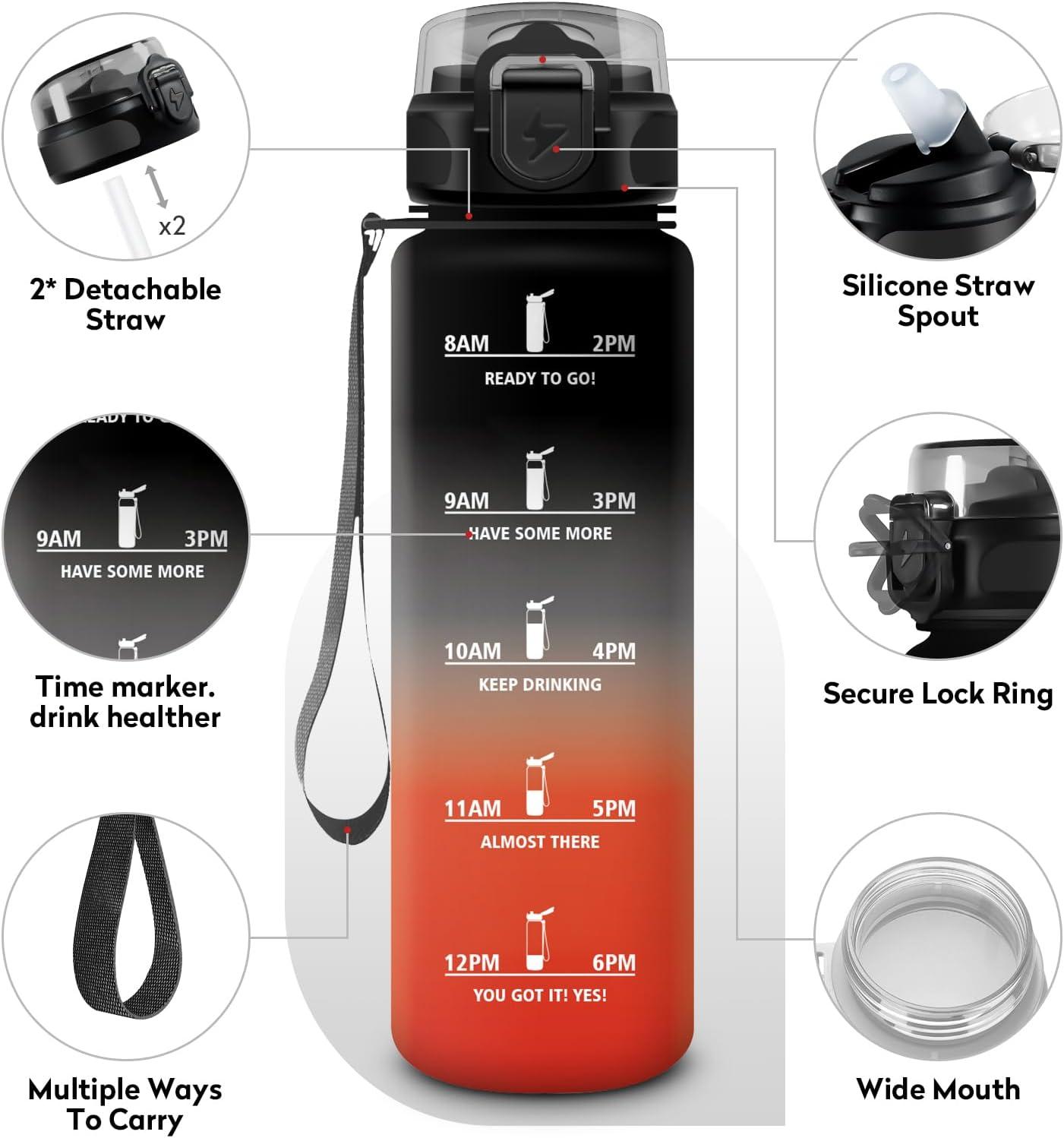 imageGourde 1L Gourde Sport Gourde avec Paille Rutilisable Rutilisable Bouteille deau avec Marqueur de Temps Water Bottle pour Adulte lcole Cyclisme Voyage Camping Fitness Yoga Bureau32oz1000ml Paille Noir Rouge
