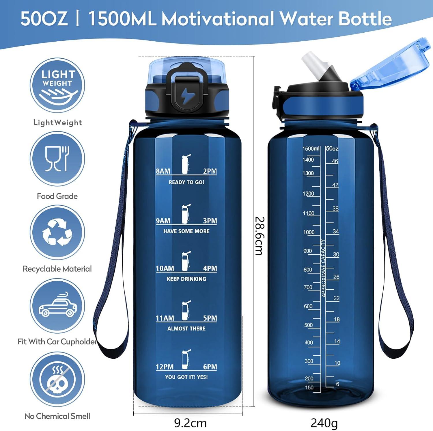 imageGourde 1L Gourde Sport Gourde avec Paille Rutilisable Rutilisable Bouteille deau avec Marqueur de Temps Water Bottle pour Adulte lcole Cyclisme Voyage Camping Fitness Yoga Bureau50oz1500ml Paille Transparent Bleu Fonc