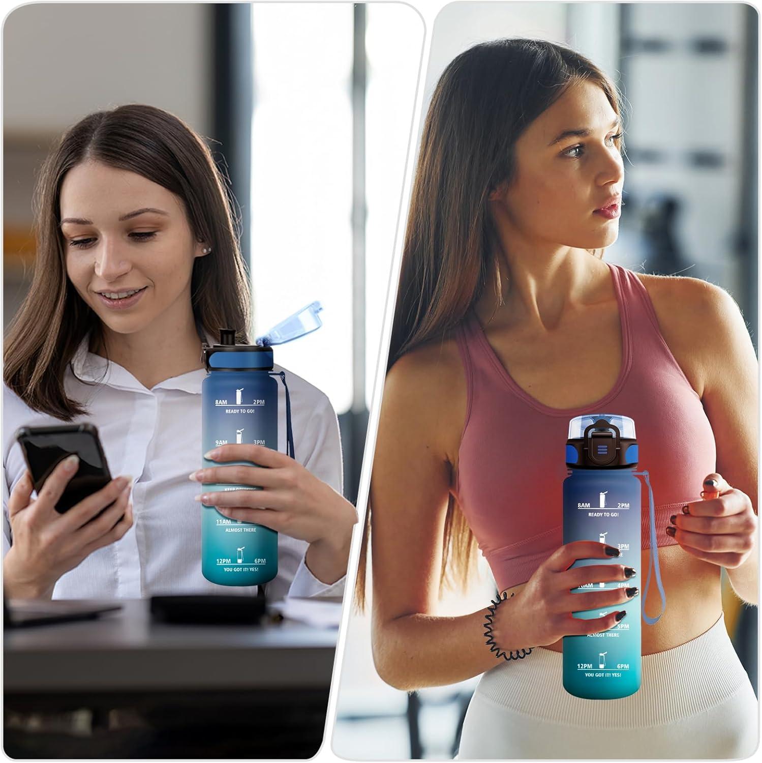 imageGourde Enfant 500ml Gourde Motivation tanche et Rutilisable Bouteille deau avec Marqueur de Temps et Filtre Bouteille pour Enfant Sport Sport de Plein air Yoga Bureau Gym lcole32oz1000ml Bleu Vert
