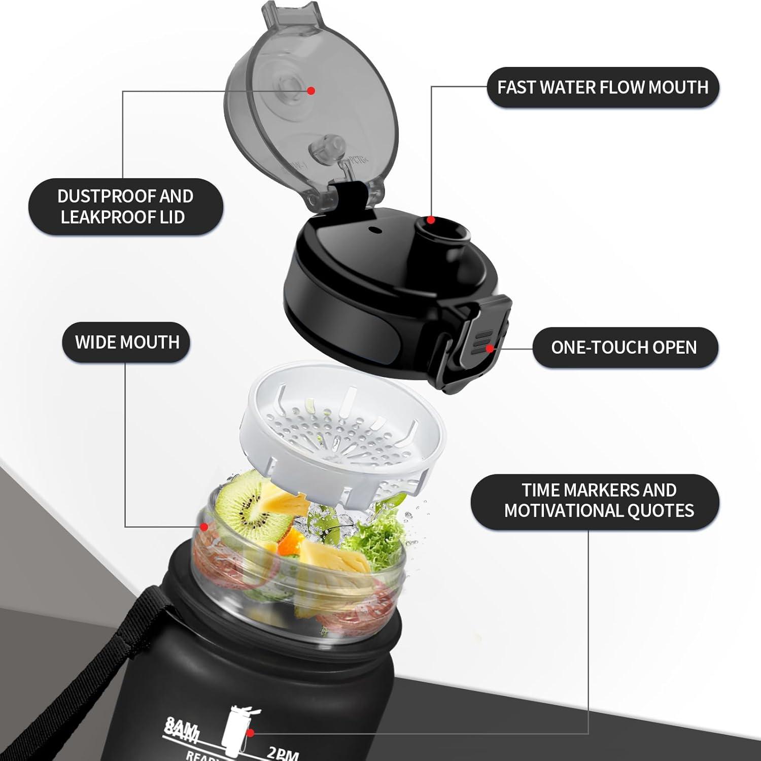 imageGourde Enfant 500ml Gourde Motivation tanche et Rutilisable Bouteille deau avec Marqueur de Temps et Filtre Bouteille pour Enfant Sport Sport de Plein air Yoga Bureau Gym lcole32oz1000ml Mat Noir