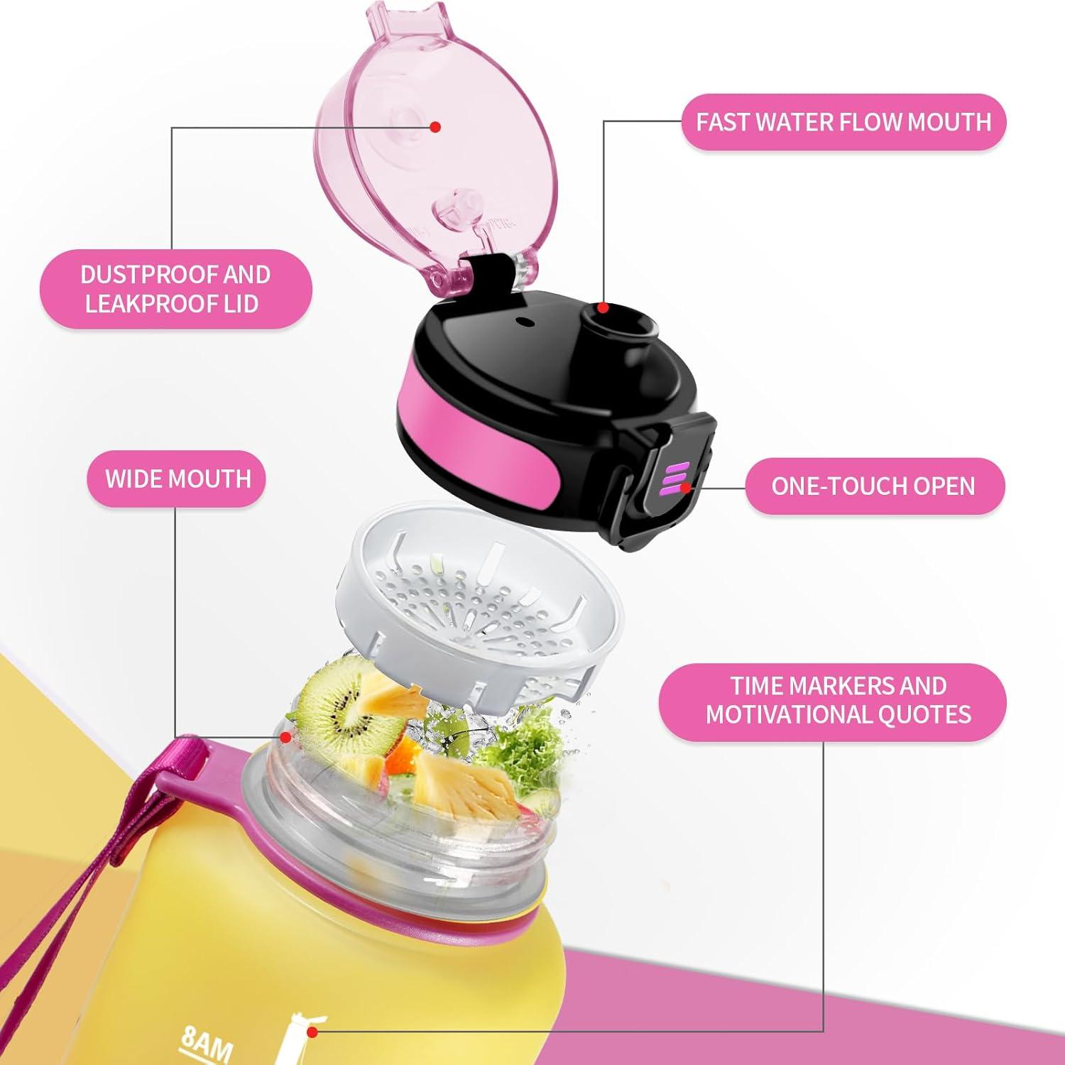 imageGourde Enfant 500ml Gourde Motivation tanche et Rutilisable Bouteille deau avec Marqueur de Temps et Filtre Bouteille pour Enfant Sport Sport de Plein air Yoga Bureau Gym lcole50oz1500ml Jaune Rose