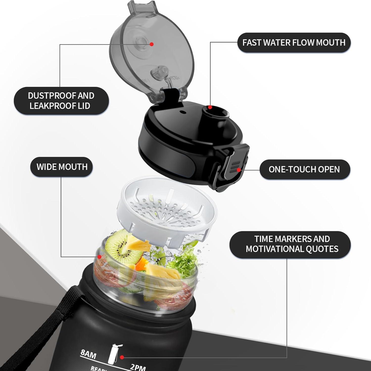 imageGourde Enfant 500ml Gourde Motivation tanche et Rutilisable Bouteille deau avec Marqueur de Temps et Filtre Bouteille pour Enfant Sport Sport de Plein air Yoga Bureau Gym lcole17oz500ml Mat Noir