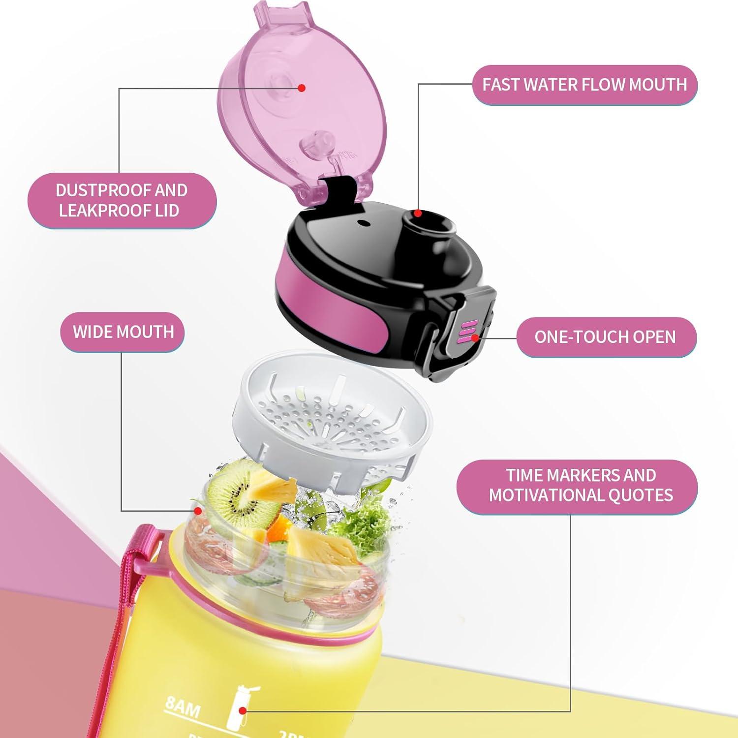 imageGourde Enfant 500ml Gourde Motivation tanche et Rutilisable Bouteille deau avec Marqueur de Temps et Filtre Bouteille pour Enfant Sport Sport de Plein air Yoga Bureau Gym lcole32oz1000ml Jaune Rose