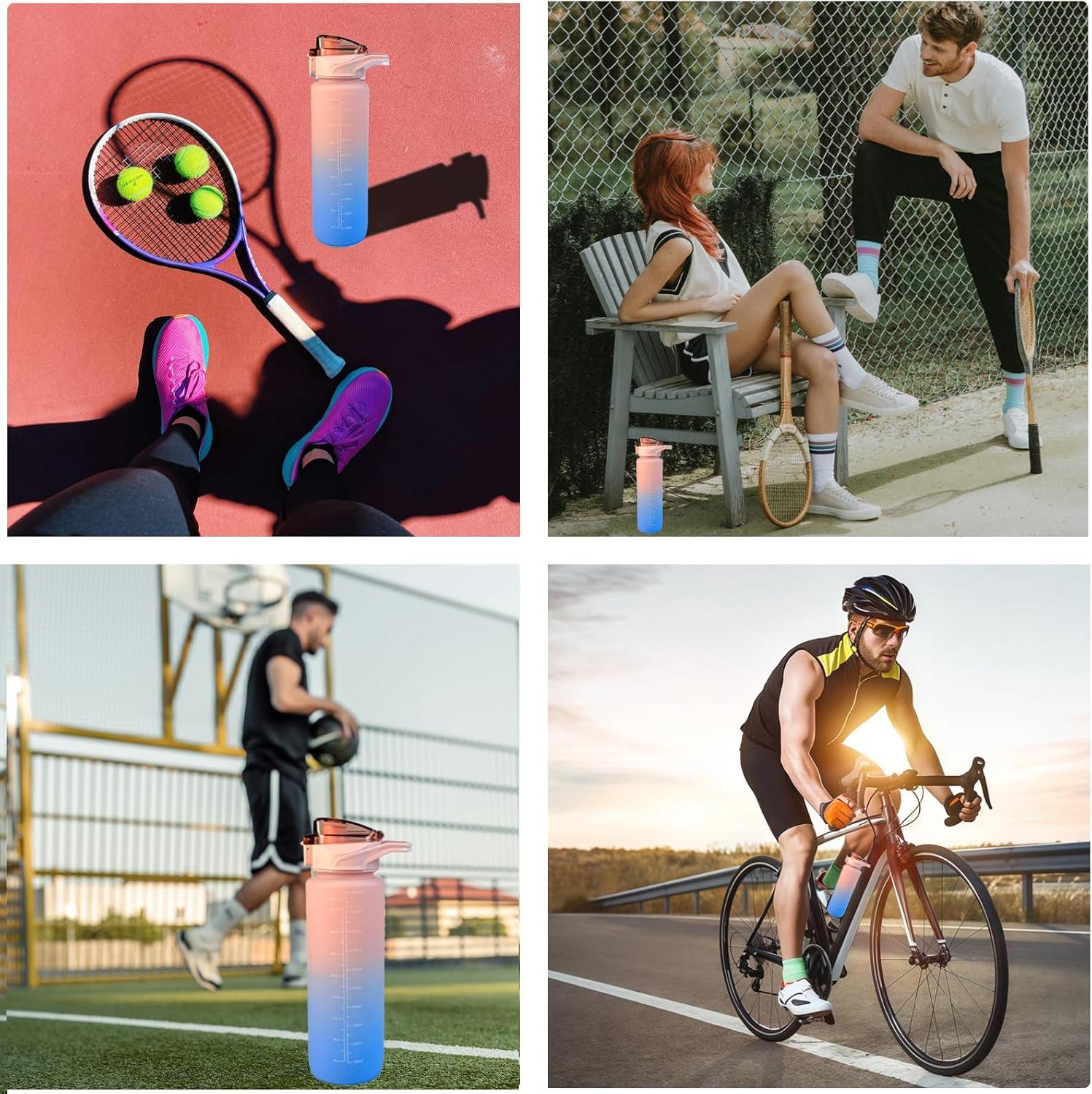 imageGourde Sport 1L avec Paille Gourde Motivation avec Marqueur de Temps tanche Rutilisable Bouteille deau 1L pour Adulte et EnfantWater Bottle sans BPA pour CyclismeFitnessBureau Rose BleuRose Bleu
