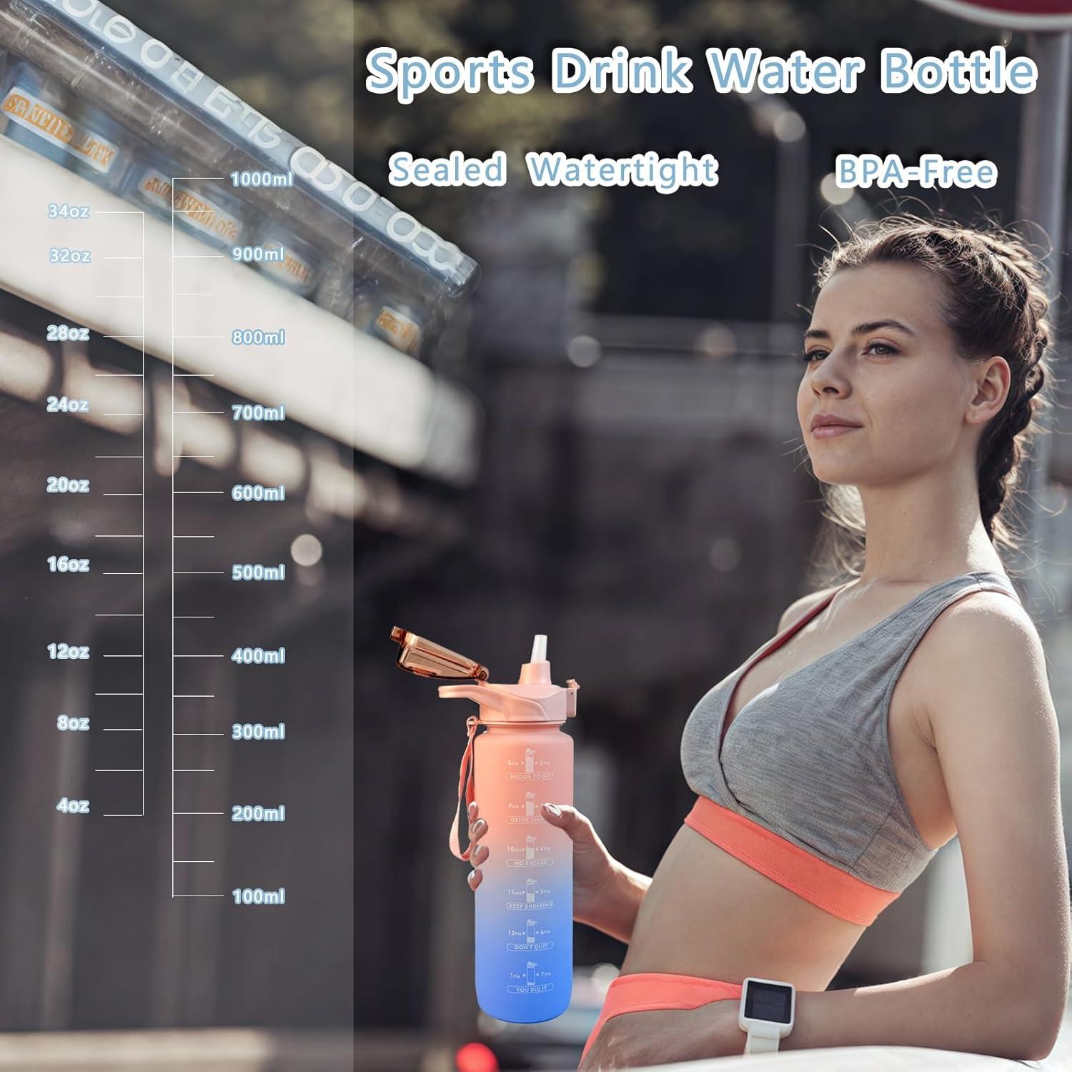 imageGourde Sport 1L avec Paille Gourde Motivation avec Marqueur de Temps tanche Rutilisable Bouteille deau 1L pour Adulte et EnfantWater Bottle sans BPA pour CyclismeFitnessBureau Rose BleuRose Bleu