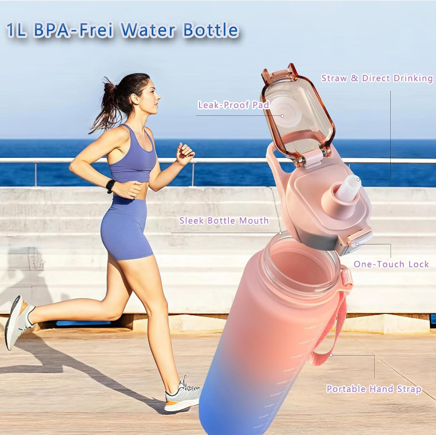 imageGourde Sport 1L avec Paille Gourde Motivation avec Marqueur de Temps tanche Rutilisable Bouteille deau 1L pour Adulte et EnfantWater Bottle sans BPA pour CyclismeFitnessBureau Rose BleuRose Bleu