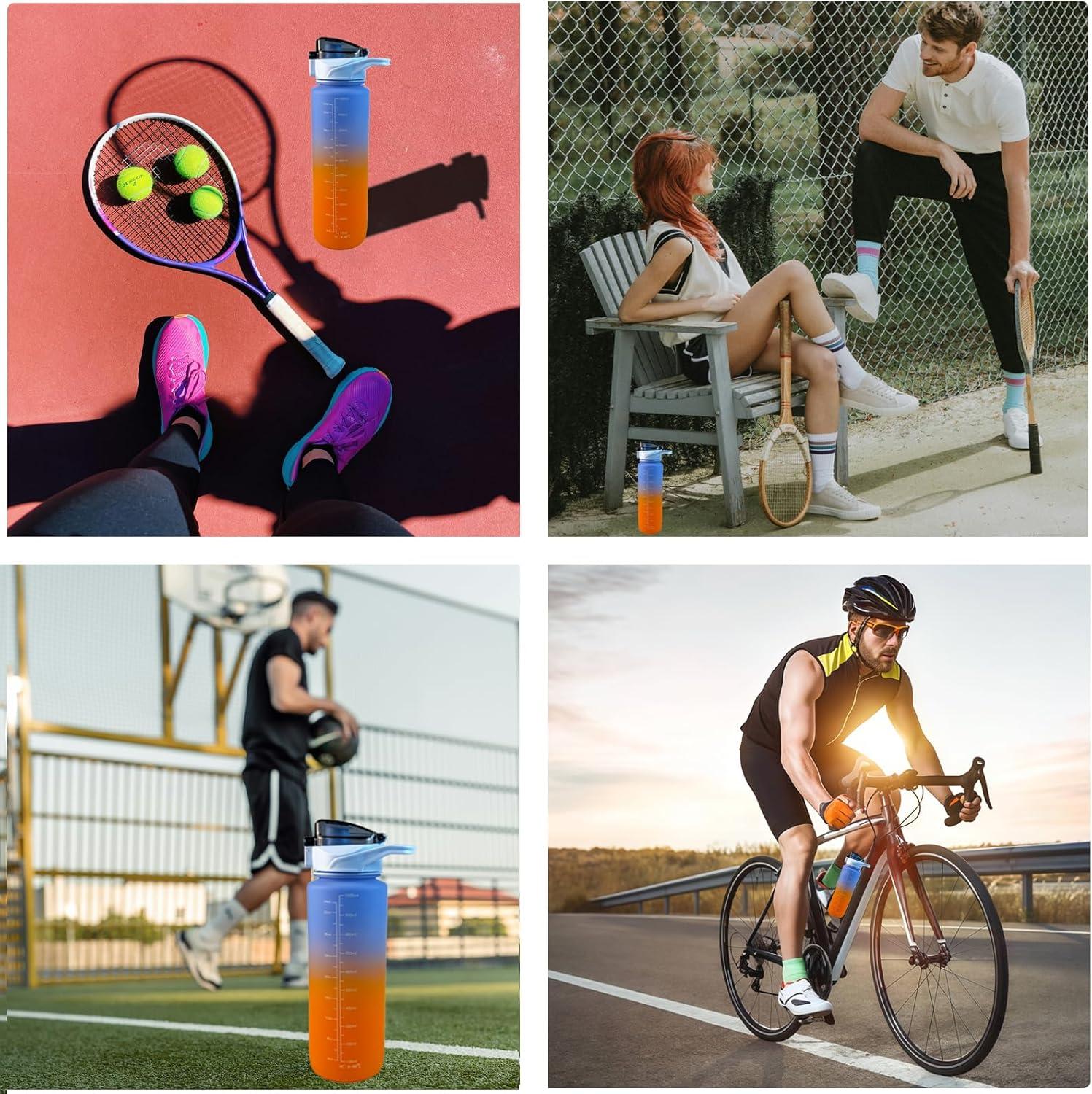 imageGourde Sport 1L avec Paille Gourde Motivation avec Marqueur de Temps tanche Rutilisable Bouteille deau 1L pour Adulte et EnfantWater Bottle sans BPA pour CyclismeFitnessBureau Rose BleuBleu Orange
