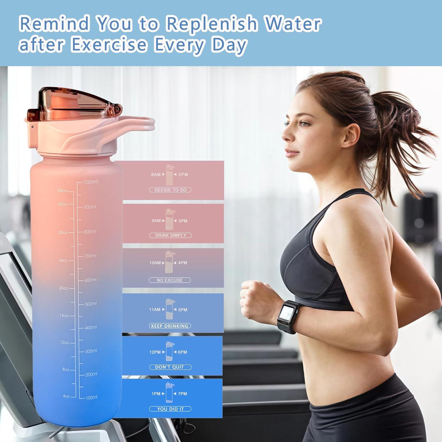 imageGourde Sport 1L avec Paille Gourde Motivation avec Marqueur de Temps tanche Rutilisable Bouteille deau 1L pour Adulte et EnfantWater Bottle sans BPA pour CyclismeFitnessBureau Rose BleuRose Bleu