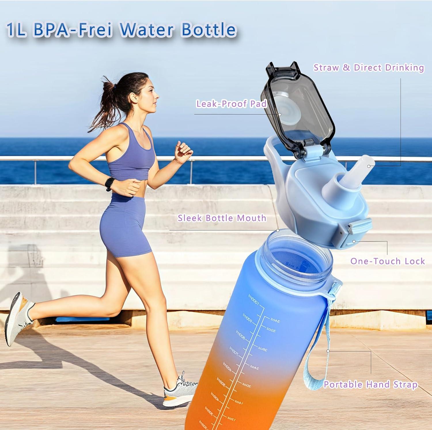 imageGourde Sport 1L avec Paille Gourde Motivation avec Marqueur de Temps tanche Rutilisable Bouteille deau 1L pour Adulte et EnfantWater Bottle sans BPA pour CyclismeFitnessBureau Rose BleuBleu Orange