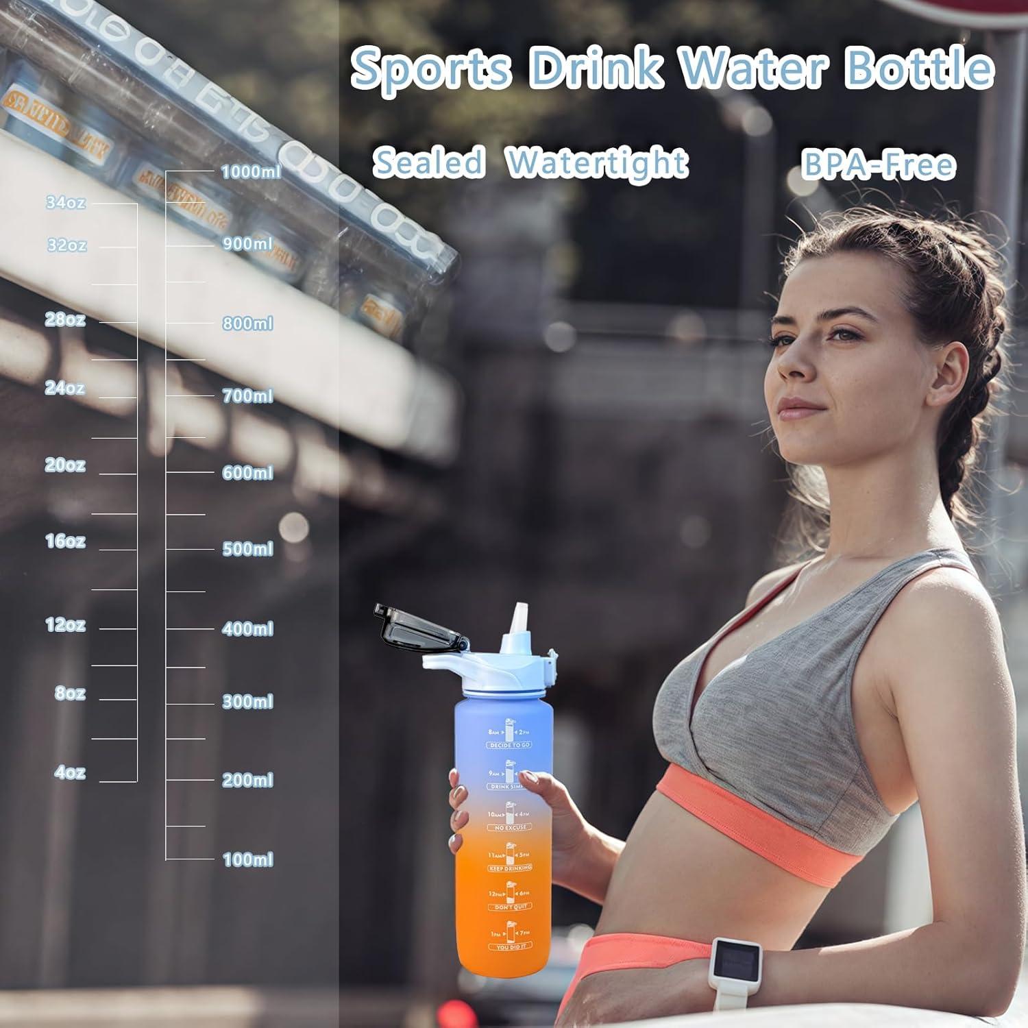 imageGourde Sport 1L avec Paille Gourde Motivation avec Marqueur de Temps tanche Rutilisable Bouteille deau 1L pour Adulte et EnfantWater Bottle sans BPA pour CyclismeFitnessBureau Rose BleuBleu Orange
