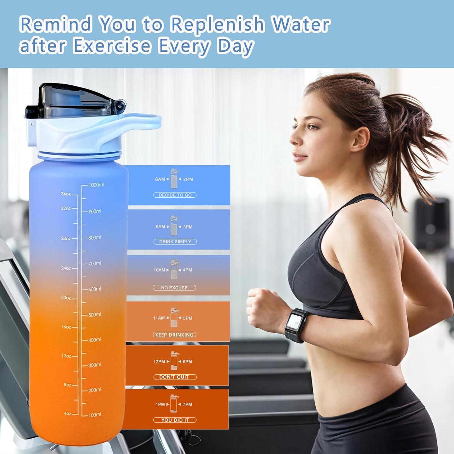 imageGourde Sport 1L avec Paille Gourde Motivation avec Marqueur de Temps tanche Rutilisable Bouteille deau 1L pour Adulte et EnfantWater Bottle sans BPA pour CyclismeFitnessBureau Rose BleuBleu Orange