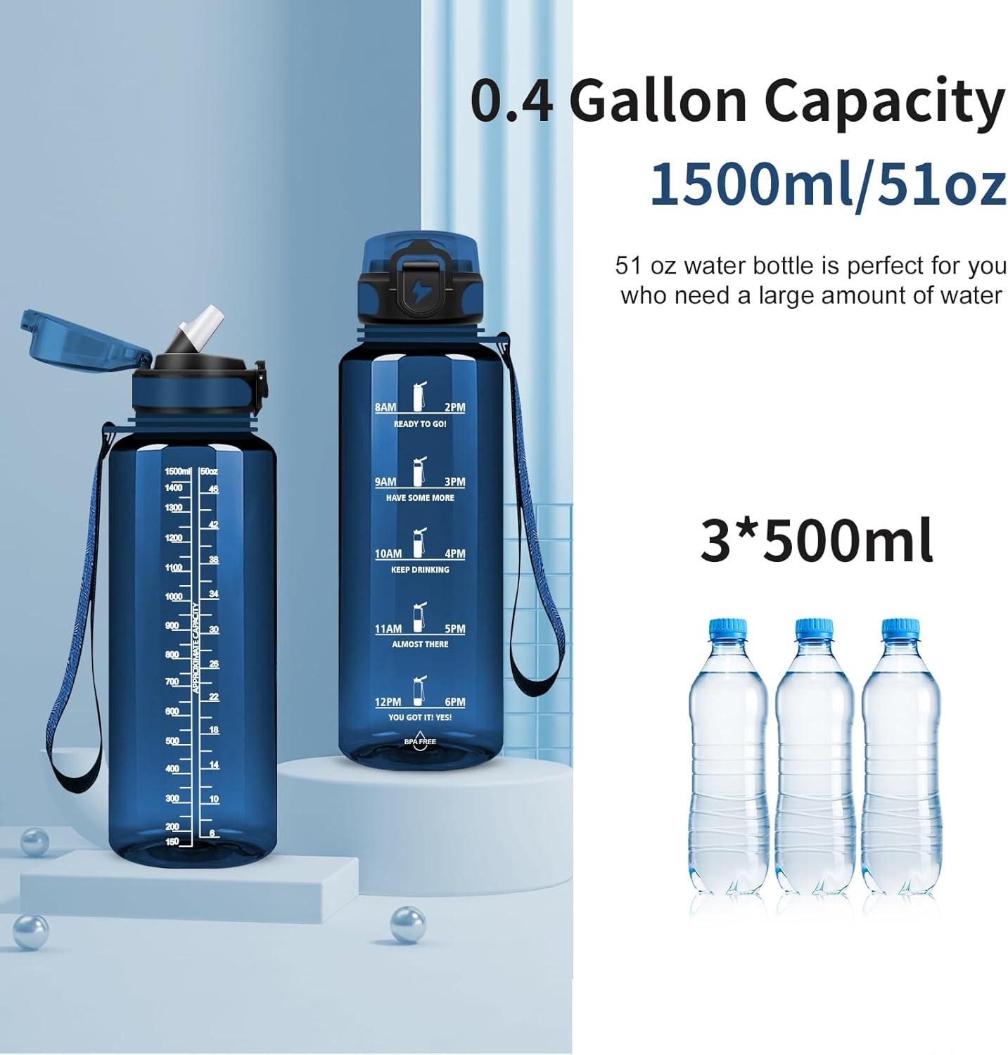 imageGrsta Gourde 15l Gourde Motivation Avec Paille sans BPA Gourde Sport Bouteille deau avec Marqueur de Temps pour le Camping la randonne Noir RougeBleu Marine