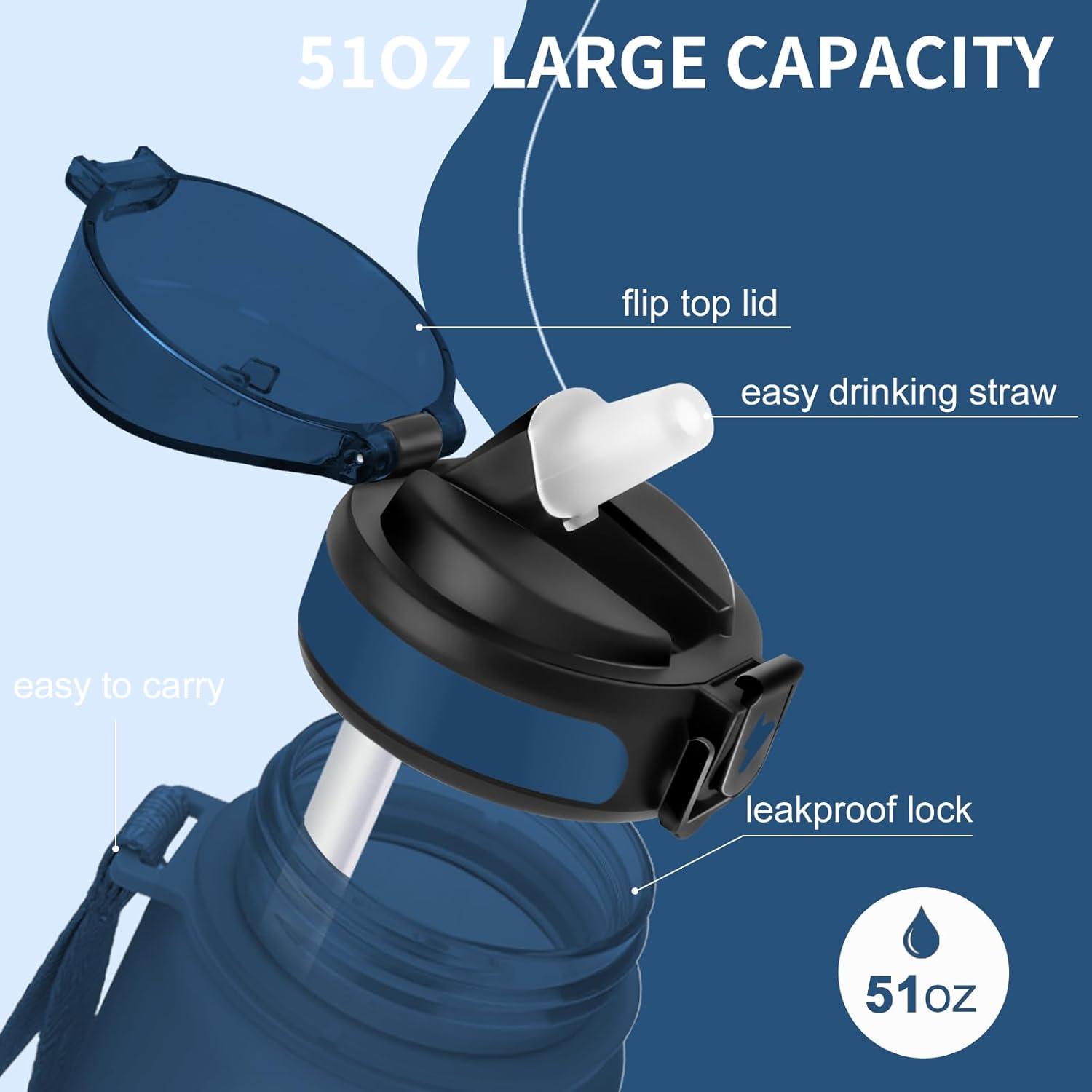imageGrsta Gourde 15l Gourde Motivation Avec Paille sans BPA Gourde Sport Bouteille deau avec Marqueur de Temps pour le Camping la randonne Noir RougeBleu Marinem