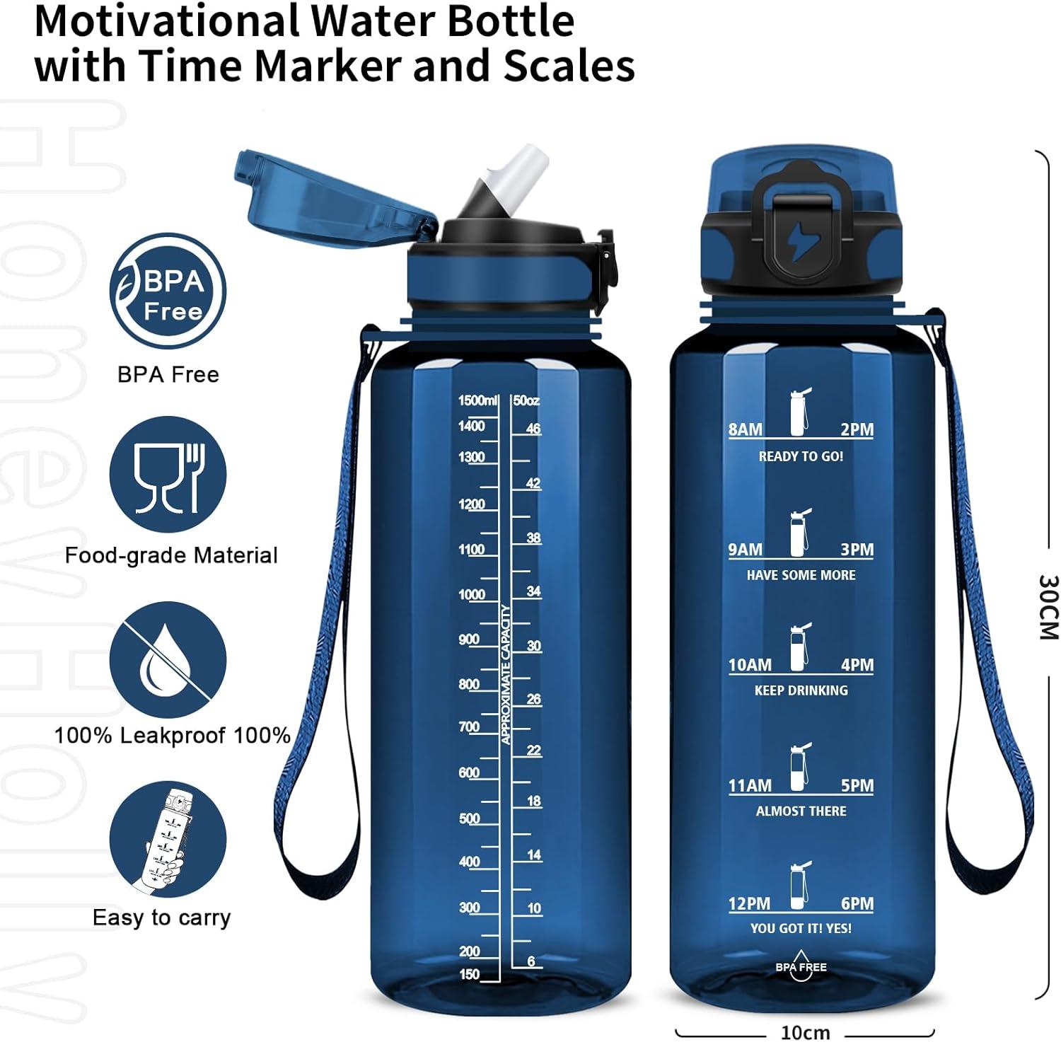 imageGrsta Gourde 15l Gourde Motivation Avec Paille sans BPA Gourde Sport Bouteille deau avec Marqueur de Temps pour le Camping la randonne Noir RougeBleu Marine