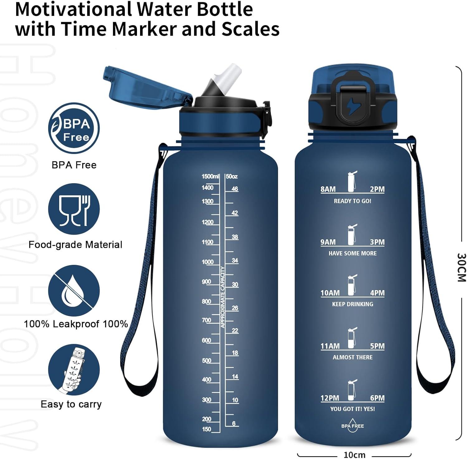 imageGrsta Gourde 15l Gourde Motivation Avec Paille sans BPA Gourde Sport Bouteille deau avec Marqueur de Temps pour le Camping la randonne Noir RougeBleu Marinem