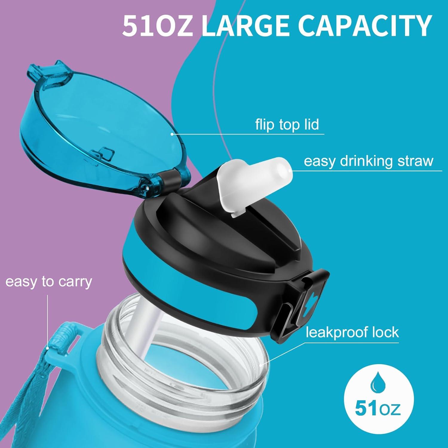 imageGrsta Gourde 15l Gourde Motivation Avec Paille sans BPA Gourde Sport Bouteille deau avec Marqueur de Temps pour le Camping la randonne Noir RougeBleu Violet
