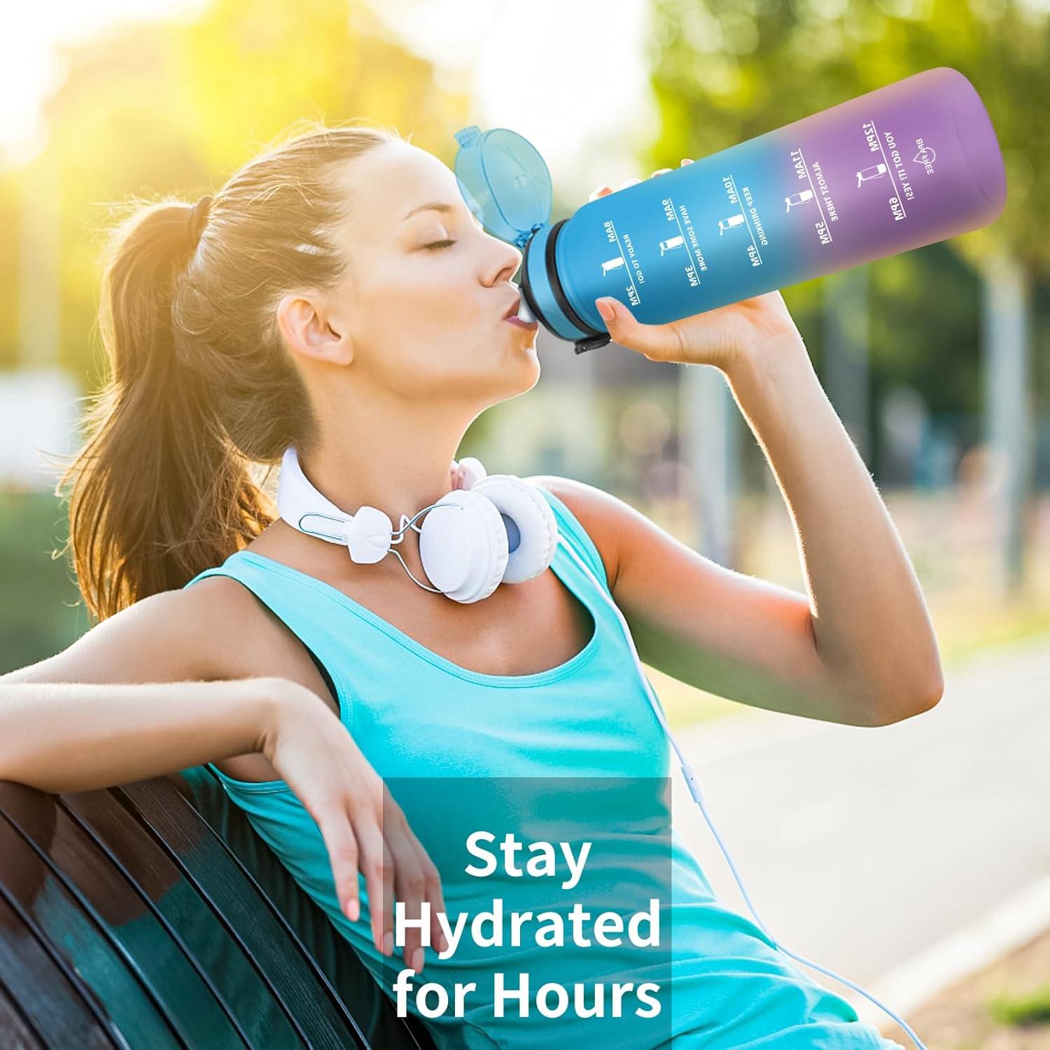 imageGrsta Gourde 15l Gourde Motivation Avec Paille sans BPA Gourde Sport Bouteille deau avec Marqueur de Temps pour le Camping la randonne Noir RougeBleu Violet
