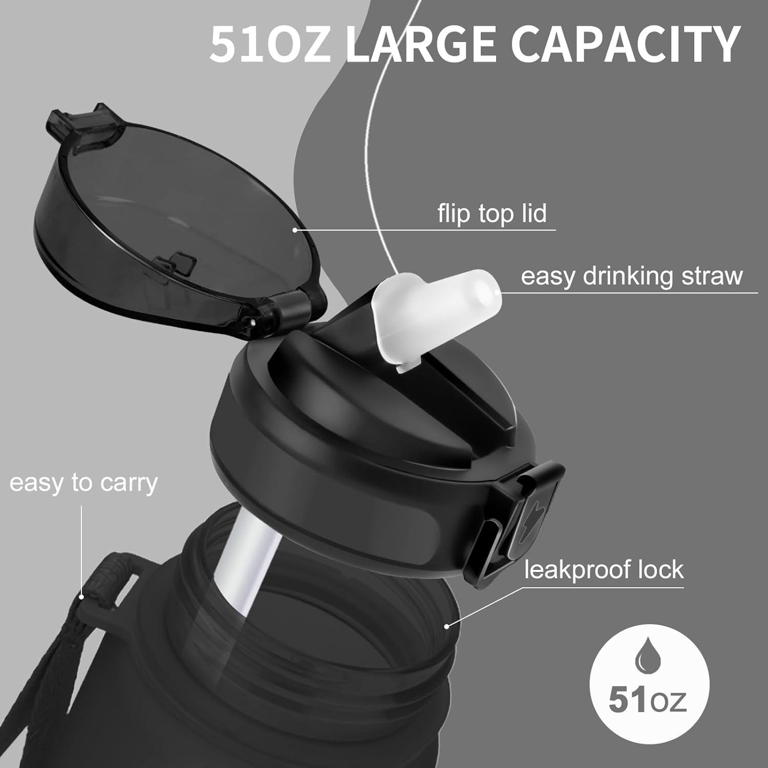 imageGrsta Gourde 15l Gourde Motivation Avec Paille sans BPA Gourde Sport Bouteille deau avec Marqueur de Temps pour le Camping la randonne Noir RougeNoir