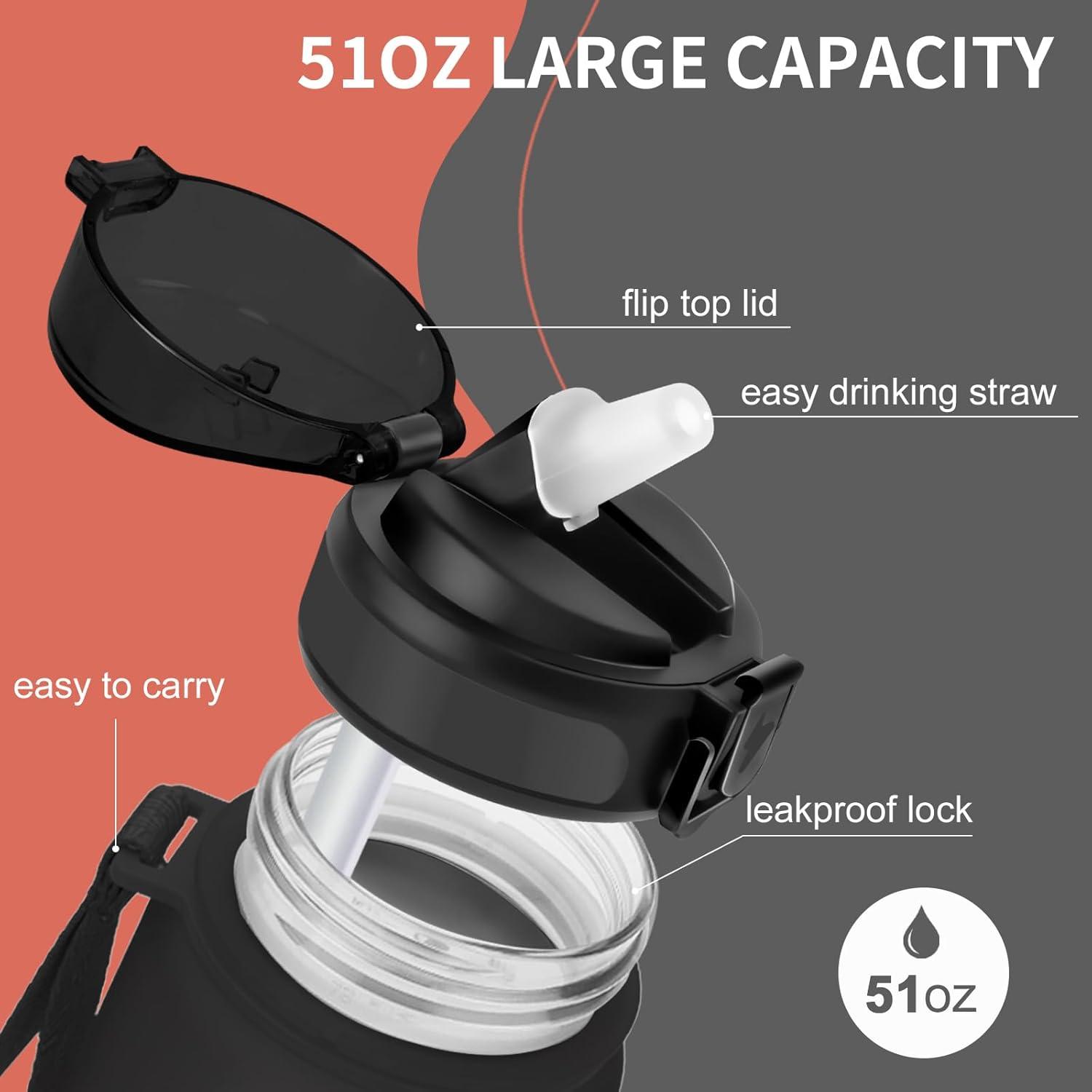 imageGrsta Gourde 15l Gourde Motivation Avec Paille sans BPA Gourde Sport Bouteille deau avec Marqueur de Temps pour le Camping la randonne Noir RougeNoir Rouge