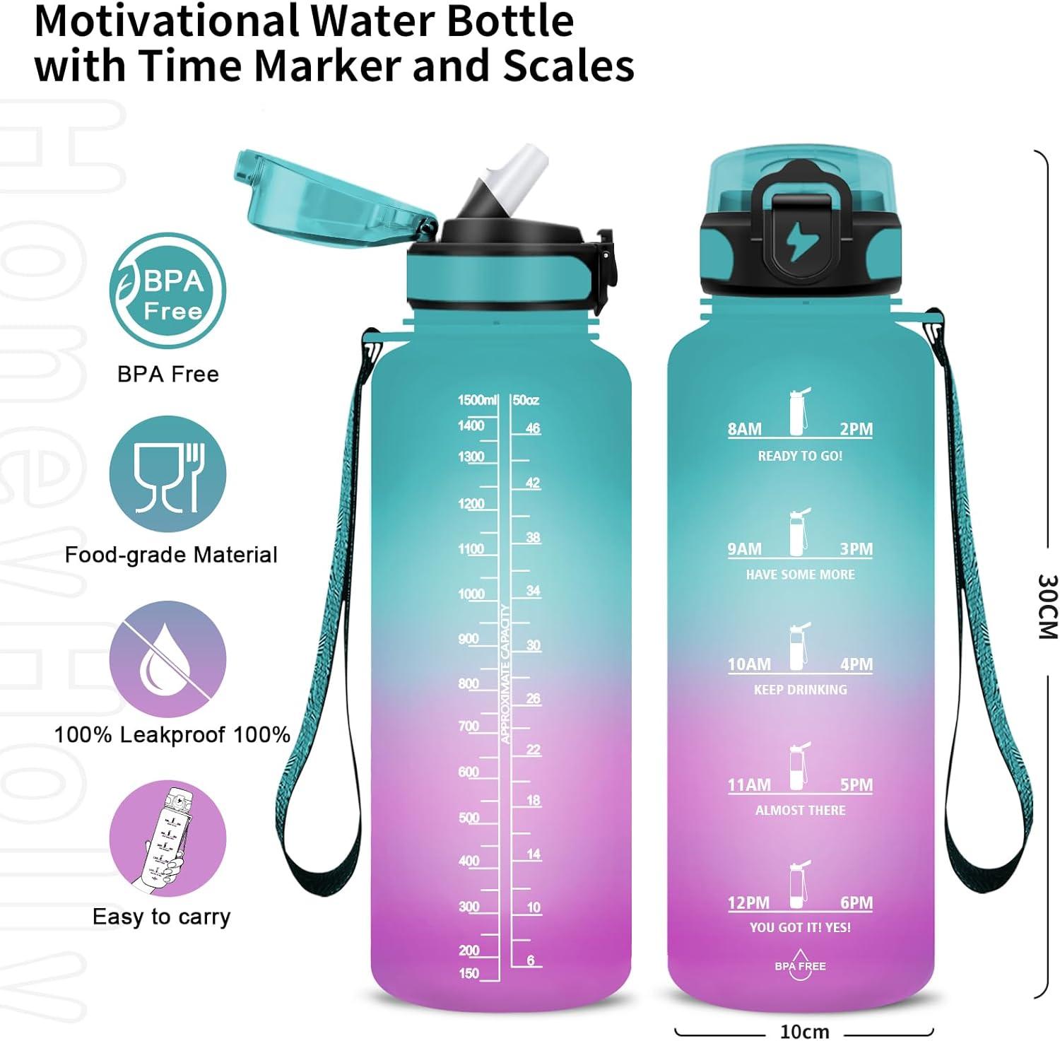 imageGrsta Gourde 15l Gourde Motivation Avec Paille sans BPA Gourde Sport Bouteille deau avec Marqueur de Temps pour le Camping la randonne Noir RougePoudre Verte
