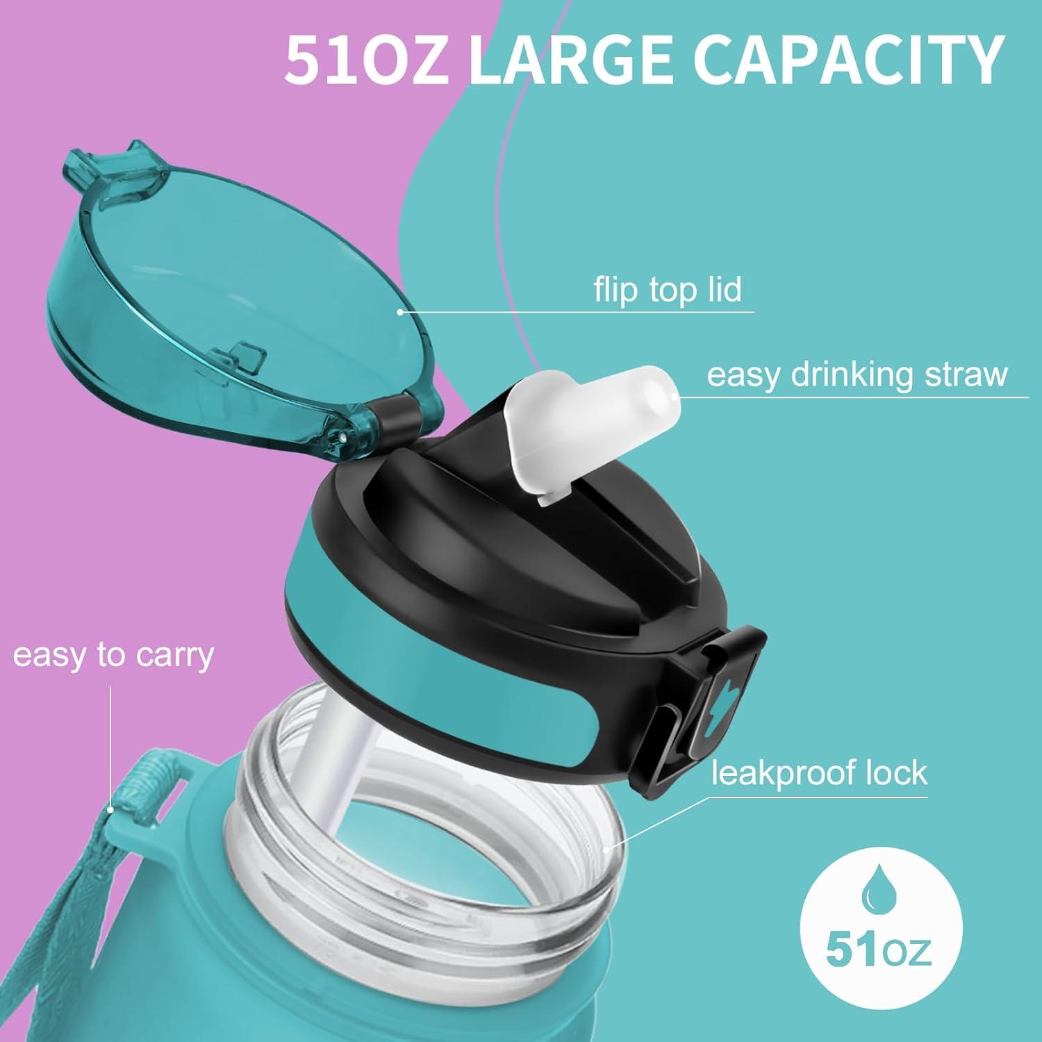 imageGrsta Gourde 15l Gourde Motivation Avec Paille sans BPA Gourde Sport Bouteille deau avec Marqueur de Temps pour le Camping la randonne Noir RougePoudre Verte