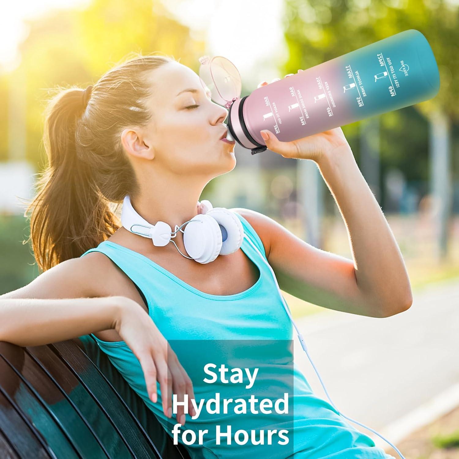 imageGrsta Gourde 15l Gourde Motivation Avec Paille sans BPA Gourde Sport Bouteille deau avec Marqueur de Temps pour le Camping la randonne Noir RougeRosecyan