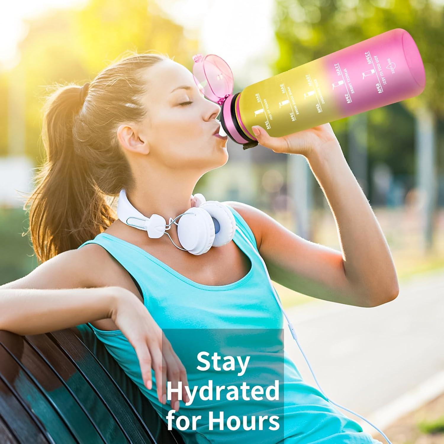imageGrsta Gourde 15l Gourde Motivation Avec Paille sans BPA Gourde Sport Bouteille deau avec Marqueur de Temps pour le Camping la randonne Noir RougeRose Jaune