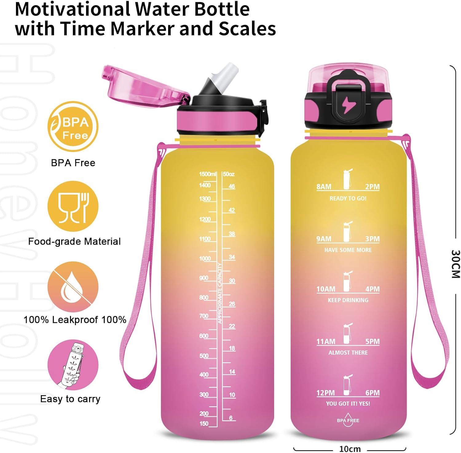 imageGrsta Gourde 15l Gourde Motivation Avec Paille sans BPA Gourde Sport Bouteille deau avec Marqueur de Temps pour le Camping la randonne Noir RougeRose Jaune