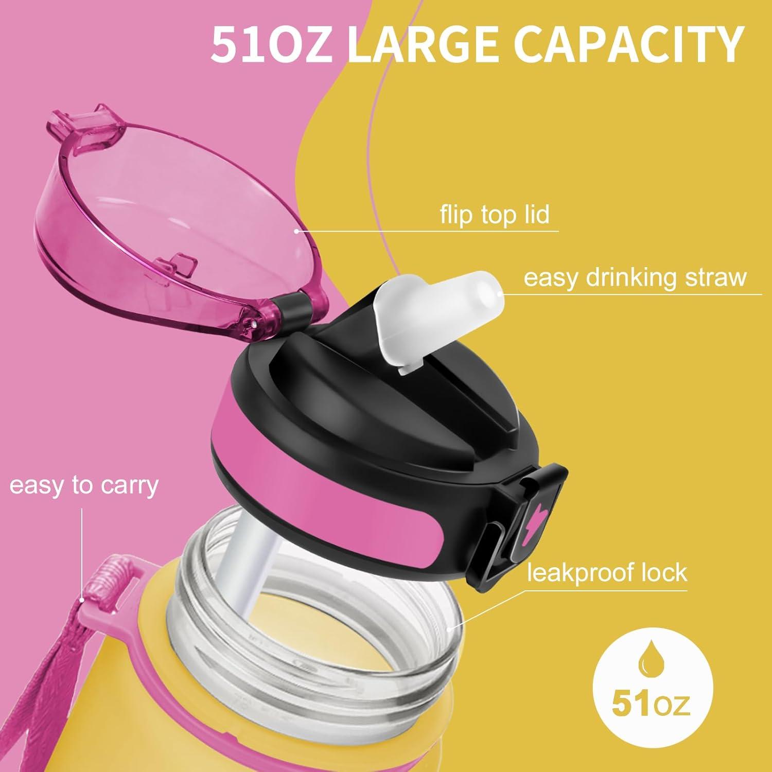 imageGrsta Gourde 15l Gourde Motivation Avec Paille sans BPA Gourde Sport Bouteille deau avec Marqueur de Temps pour le Camping la randonne Noir RougeRose Jaune