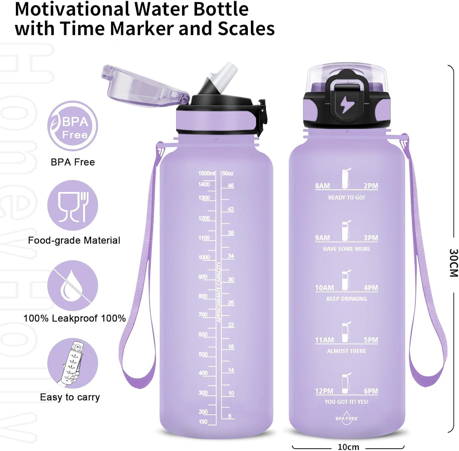 imageGrsta Gourde 15l Gourde Motivation Avec Paille sans BPA Gourde Sport Bouteille deau avec Marqueur de Temps pour le Camping la randonne Noir RougeViolet