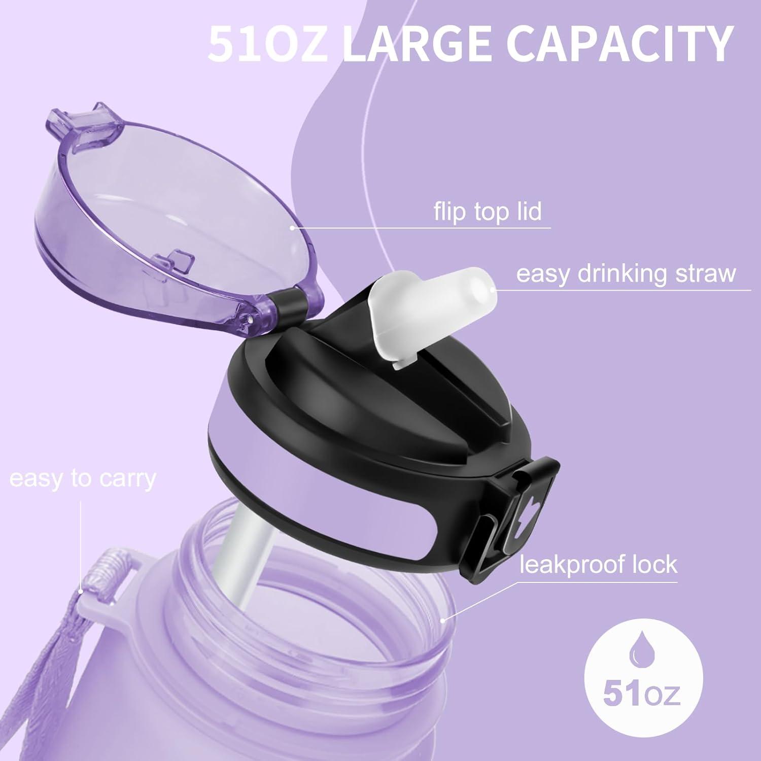 imageGrsta Gourde 15l Gourde Motivation Avec Paille sans BPA Gourde Sport Bouteille deau avec Marqueur de Temps pour le Camping la randonne Noir RougeViolet