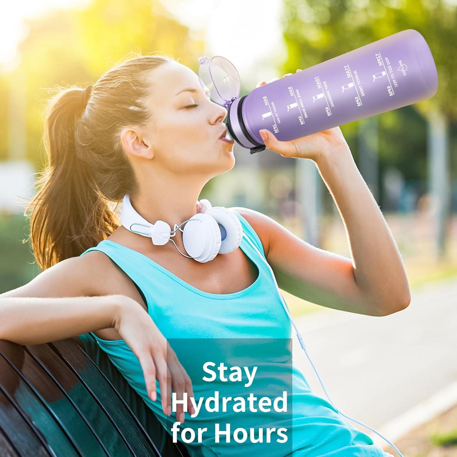 imageGrsta Gourde 15l Gourde Motivation Avec Paille sans BPA Gourde Sport Bouteille deau avec Marqueur de Temps pour le Camping la randonne Noir RougeViolet
