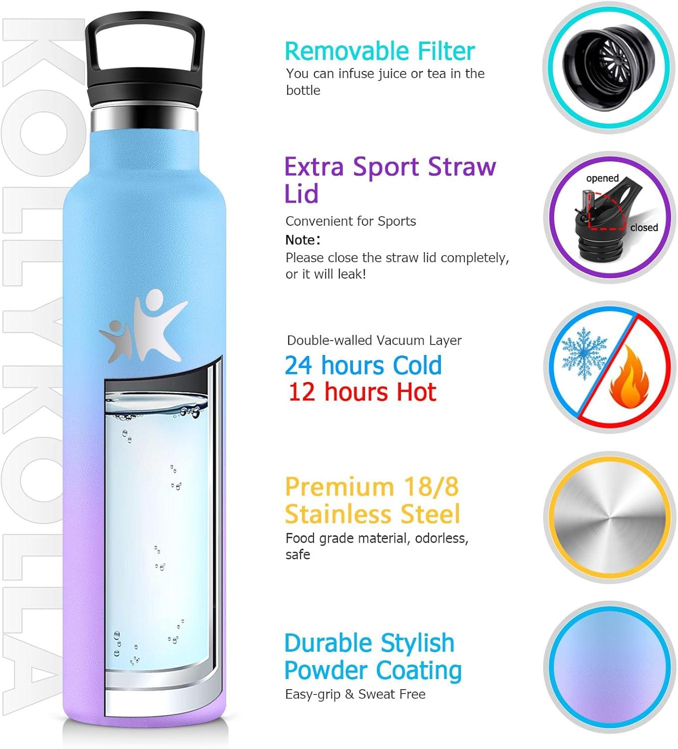 imageKollyKolla Gourde Isotherme 750ml Bouteille Isotherme en Acier Inoxydable Bouteille deau sans BPA Gourde Inox avec Paille Gourde Reutilisable pour lcole Bureau Extrieur Camping YogaKkbleu Tout Violet Fonc