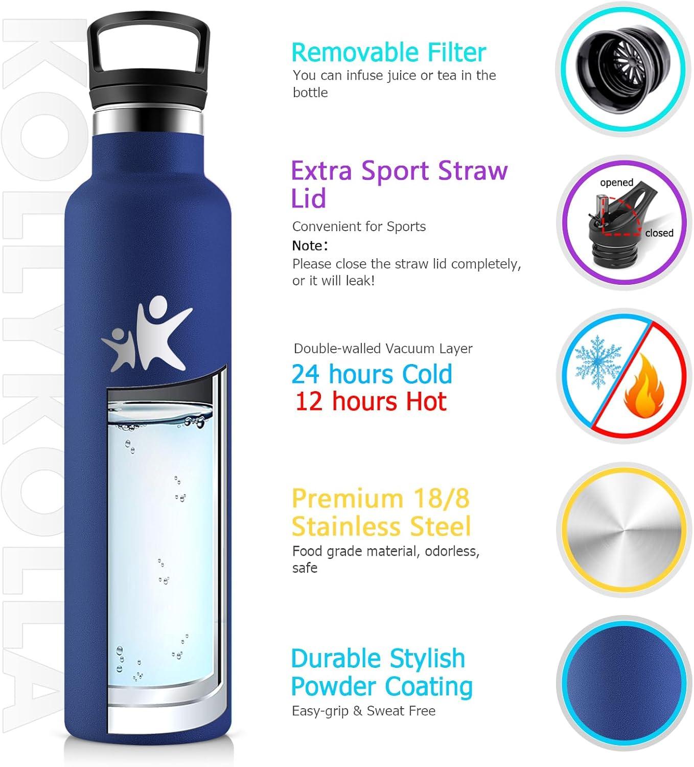 imageKollyKolla Gourde Isotherme 750ml Bouteille Isotherme en Acier Inoxydable Bouteille deau sans BPA Gourde Inox avec Paille Gourde Reutilisable pour lcole Bureau Extrieur Camping YogaKkbleu Fonc