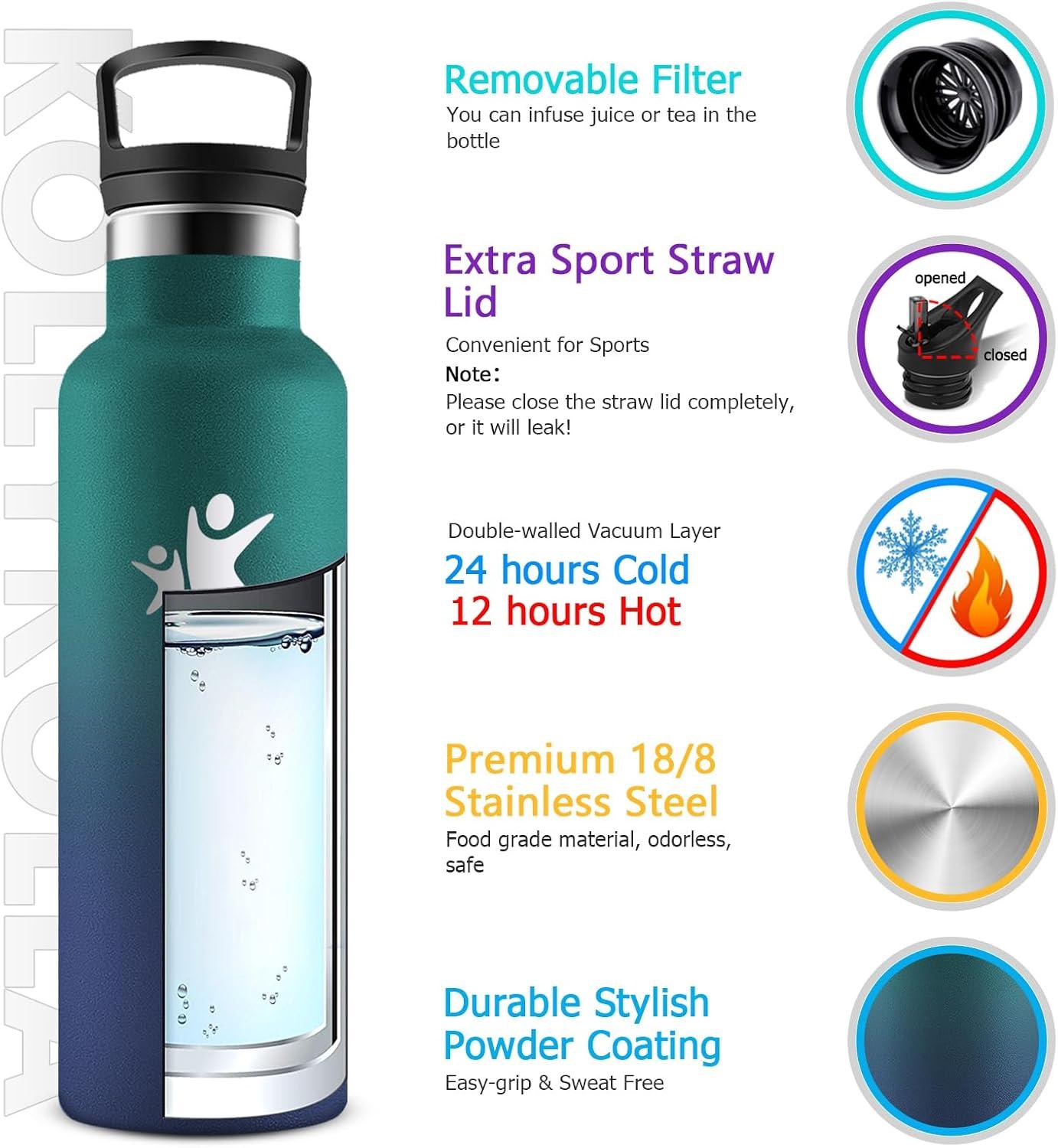 imageKollyKolla Gourde Isotherme 750ml Bouteille Isotherme en Acier Inoxydable Bouteille deau sans BPA Gourde Inox avec Paille Gourde Reutilisable pour lcole Bureau Extrieur Camping YogaKkarme Verte Bleu Fonc