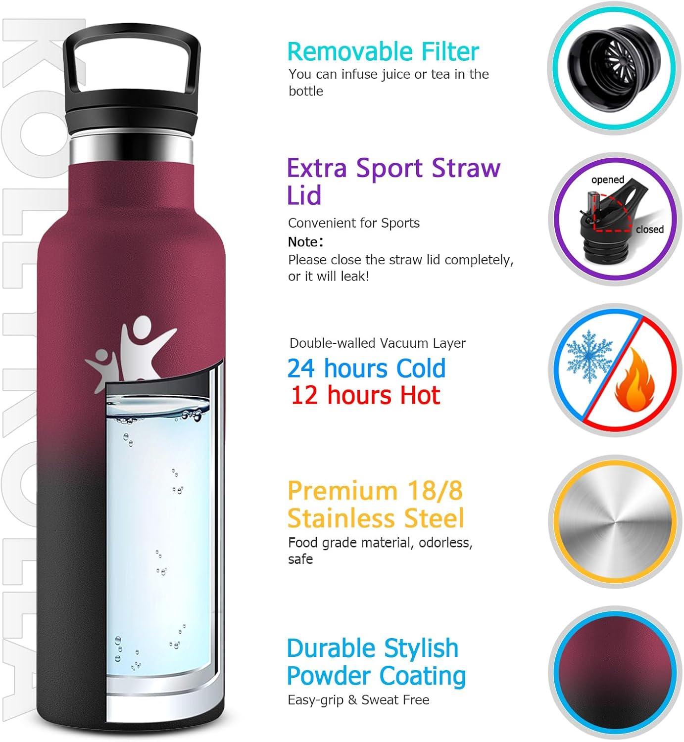 imageKollyKolla Gourde Isotherme 750ml Bouteille Isotherme en Acier Inoxydable Bouteille deau sans BPA Gourde Inox avec Paille Gourde Reutilisable pour lcole Bureau Extrieur Camping YogaKkrouge Fonc Noir