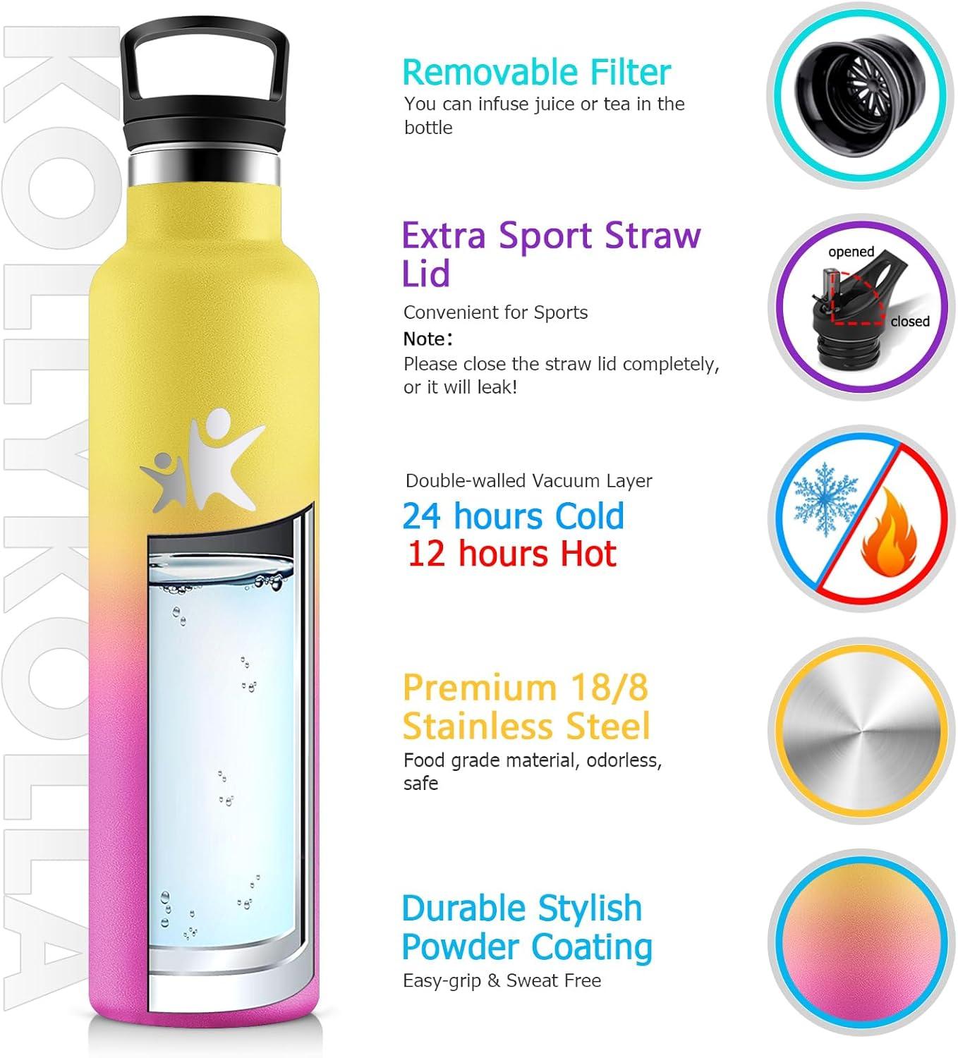 imageKollyKolla Gourde Isotherme 750ml Bouteille Isotherme en Acier Inoxydable Bouteille deau sans BPA Gourde Inox avec Paille Gourde Reutilisable pour lcole Bureau Extrieur Camping YogaKkjaune Rose Barbie