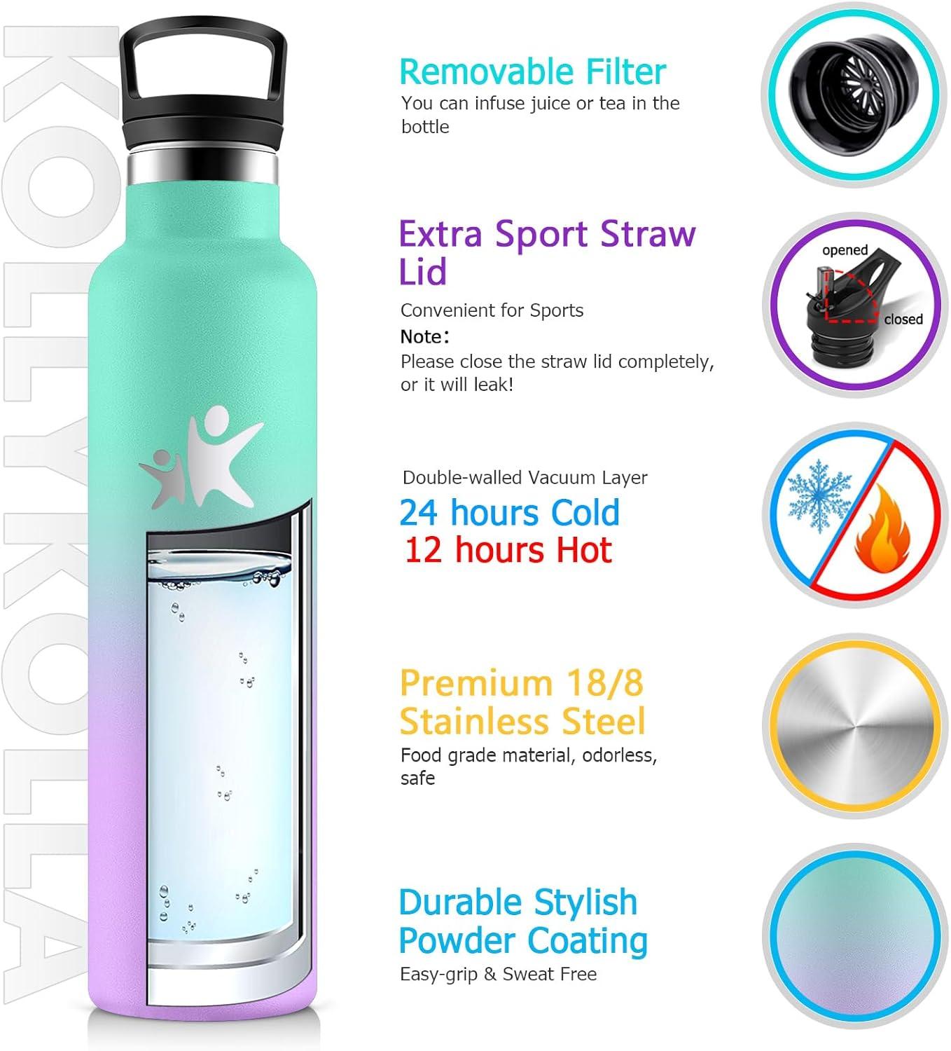 imageKollyKolla Gourde Isotherme 750ml Bouteille Isotherme en Acier Inoxydable Bouteille deau sans BPA Gourde Inox avec Paille Gourde Reutilisable pour lcole Bureau Extrieur Camping YogaKklac Vert Violet