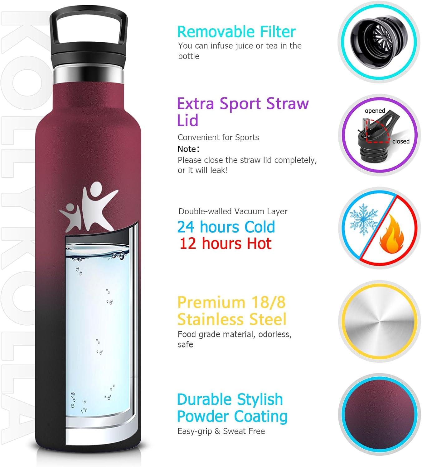 imageKollyKolla Gourde Isotherme 750ml Bouteille Isotherme en Acier Inoxydable Bouteille deau sans BPA Gourde Inox avec Paille Gourde Reutilisable pour lcole Bureau Extrieur Camping YogaKkrouge Fonc Noir