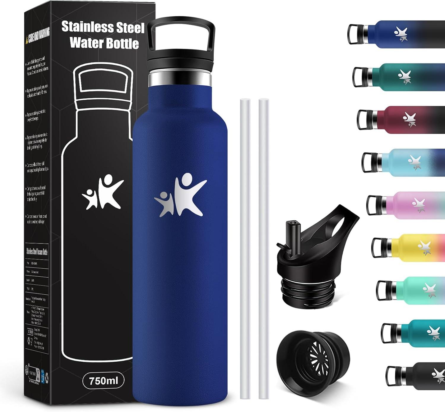 imageKollyKolla Gourde Isotherme 750ml Bouteille Isotherme en Acier Inoxydable Bouteille deau sans BPA Gourde Inox avec Paille Gourde Reutilisable pour lcole Bureau Extrieur Camping YogaKkbleu Fonc